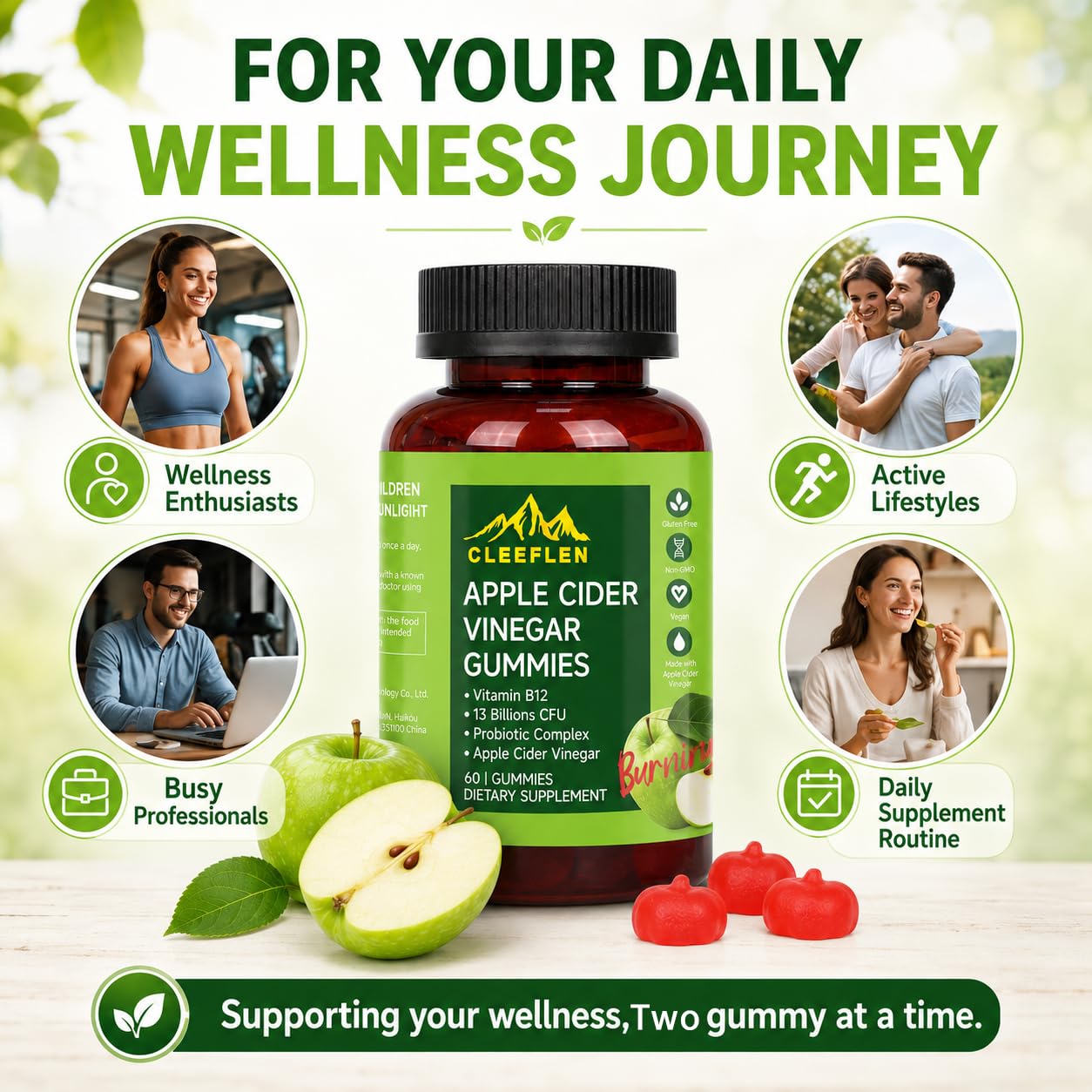 CLEEFLEN Apple Cider Vinegar Gummies with Vitamin B12 and Probiotics, 60 Gummies