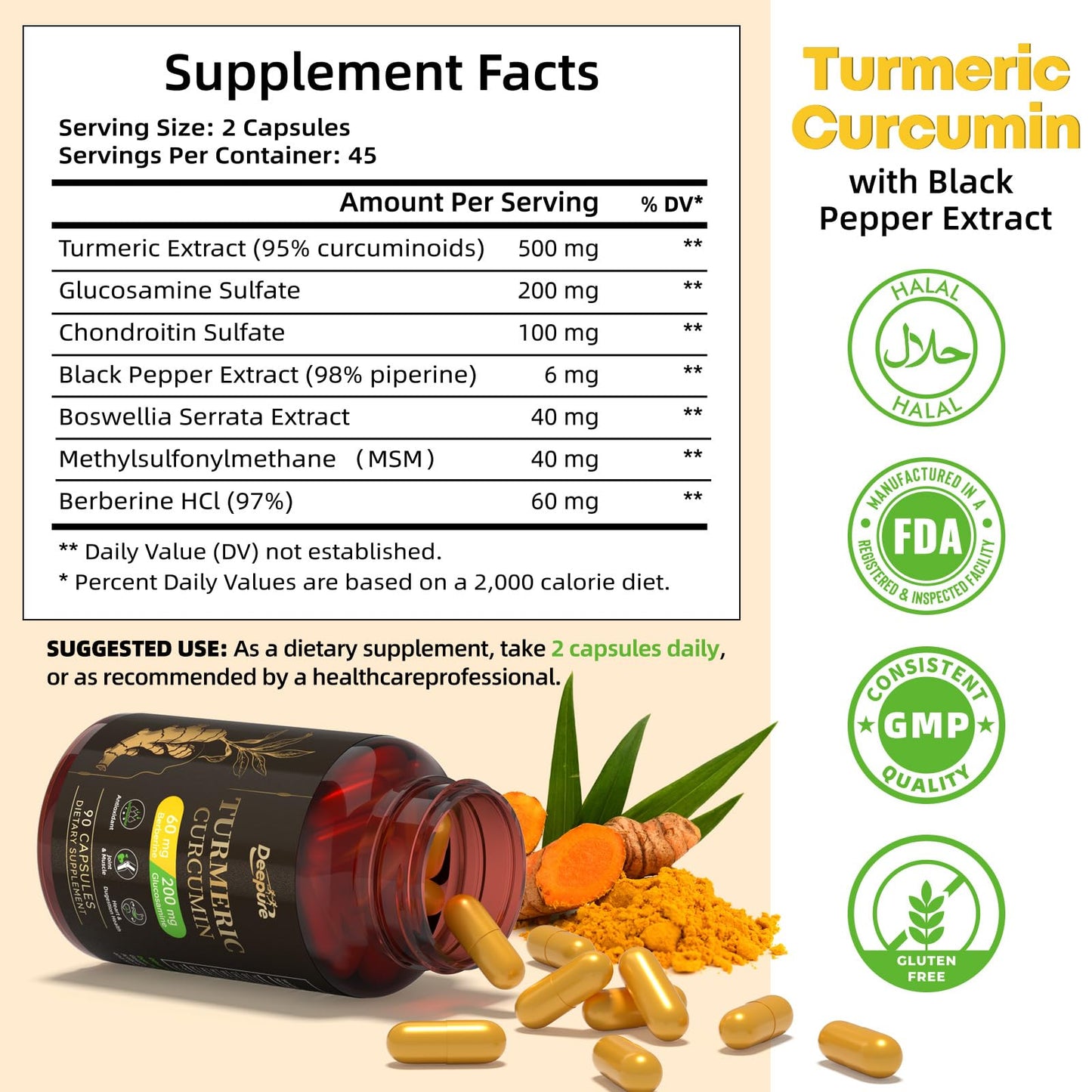 Deepure Turmeric Curcumin Supplement with Black Pepper Capsules, 90 Count