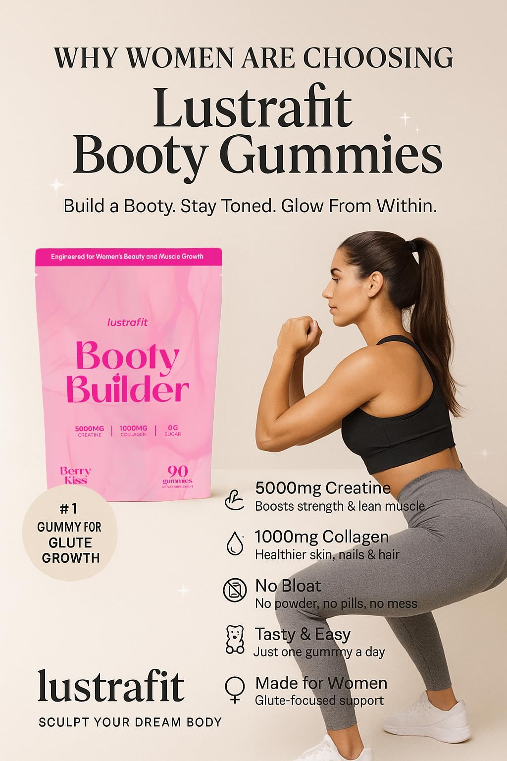 Lustrafit Booty Gummies - Booty & Glute Builder Creatine Gummies with Collagen for Women, 90 Gummies