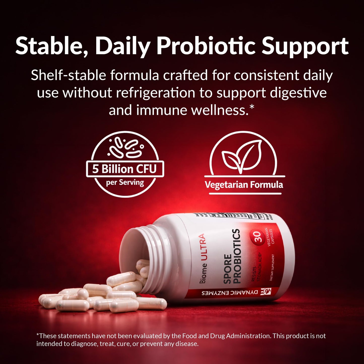 Dynamic Enzymes Biome Ultra Spore Probiotic + Prebiotic FOS (ProbioSEB CSC3) – 5 Billion CFU Per Capsule – Bacillus Coagulans, Subtilis & Clausii – Shelf-Stable Daily Probiotic for Gut & Microbiome Support, 30 Capsules