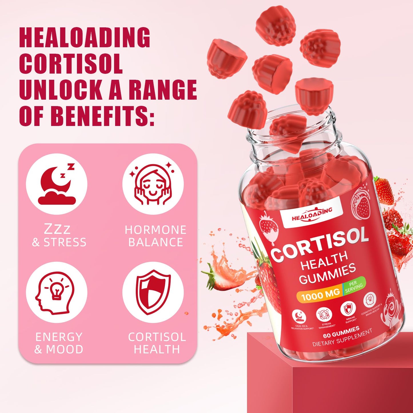 HEALOADING Cortisol Reducer Gummies for Women, with Ashwagandha, Magnesium, L-Theanine, Phosphatidylserine & Vitamin B12, 60 Gummies