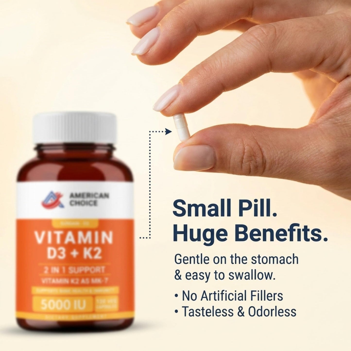American Choice Vitamin D3 5000 IU – Enhanced Bone, Heart & Immune Support – Vitamin K2 (MK-7) 100 mcg, 120 Capsules