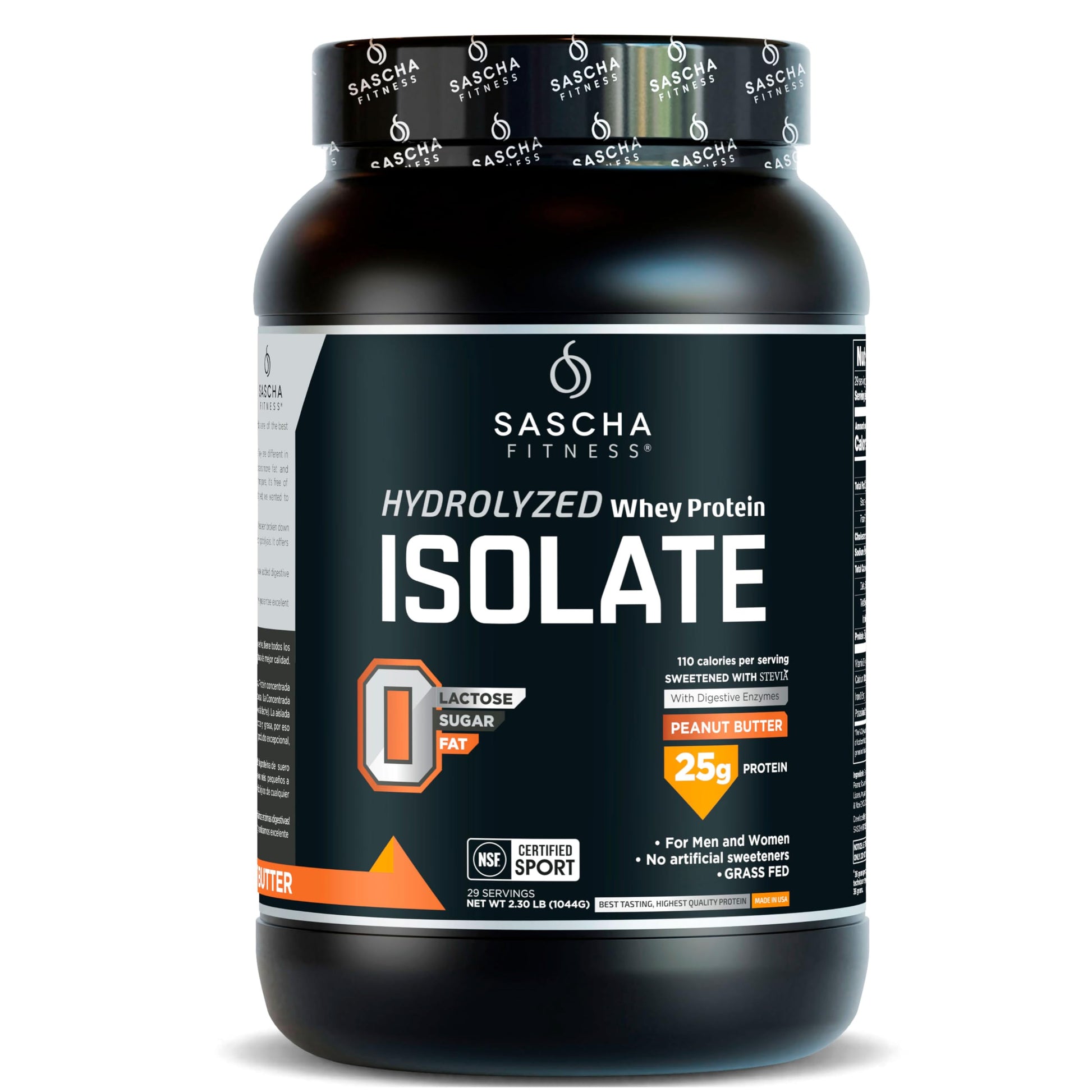 SASCHA FITNESS Hydrolyzed Whey Protein Isolate, 100% Grass-Fed Powder, Peanut Butter, 2.3 Pounds, 36.8 Servings