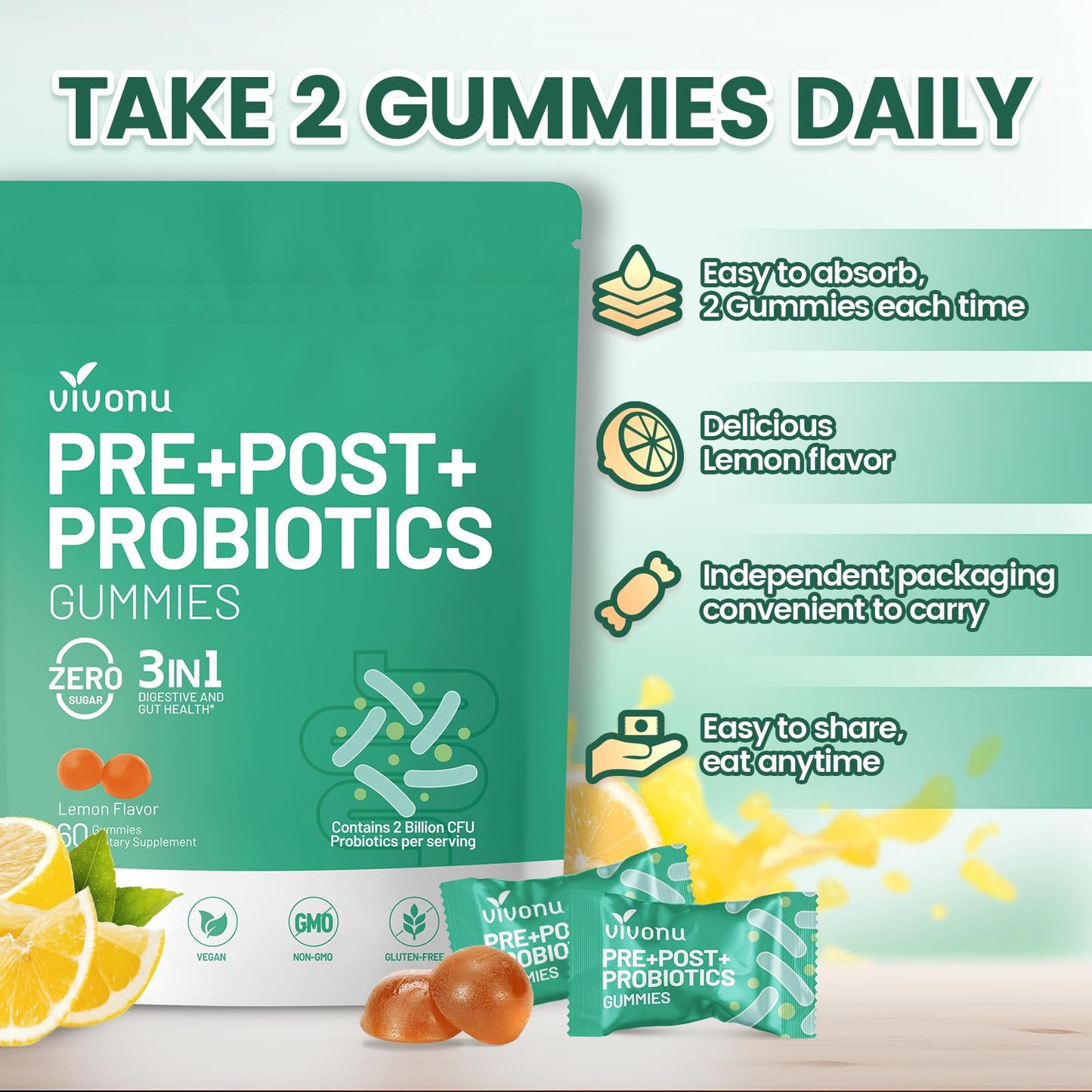 VivoNu Probiotics for Digestive Health Gummies, 2 Billion CFU Probiotic, Zinc, Magnesium and Vitamin D3, 1 Count