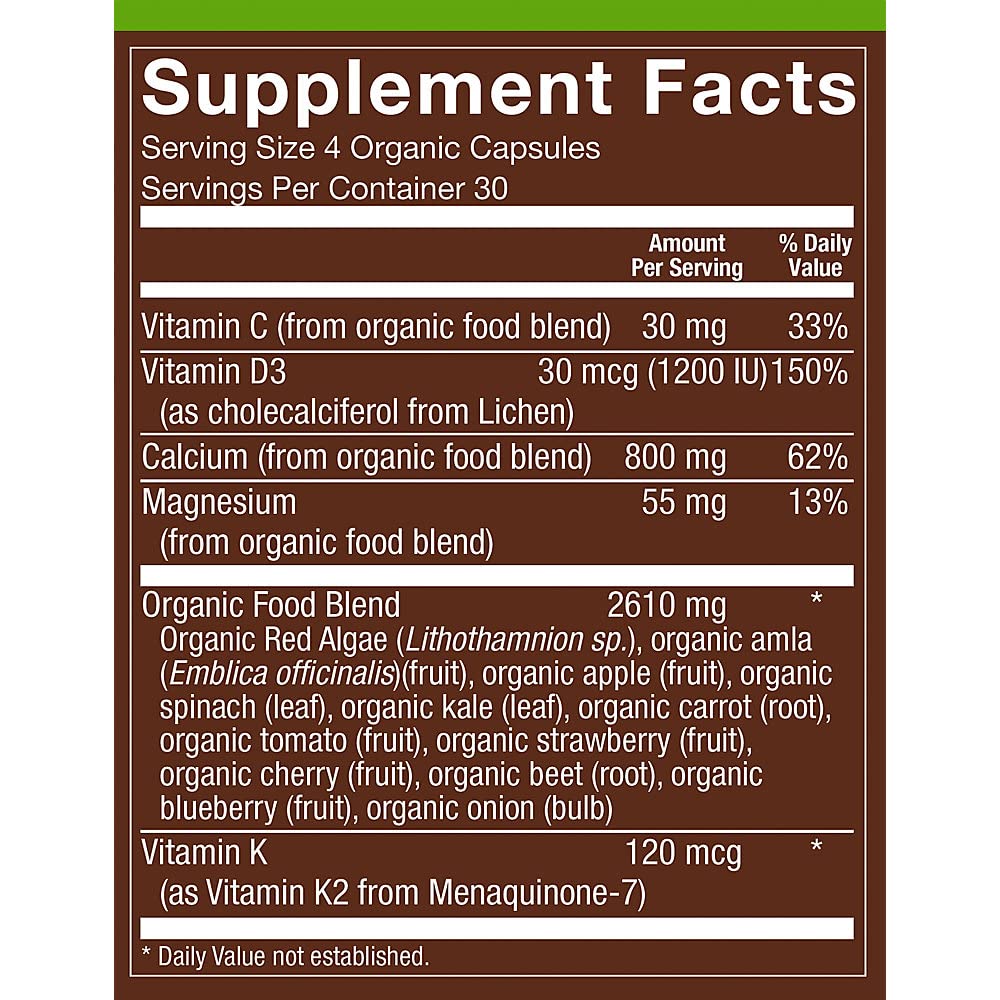 plnt Organic Whole Food Calcium - Plant-Based Bone Support with Vitamins D3, K2, & Magnesium Capsules 120