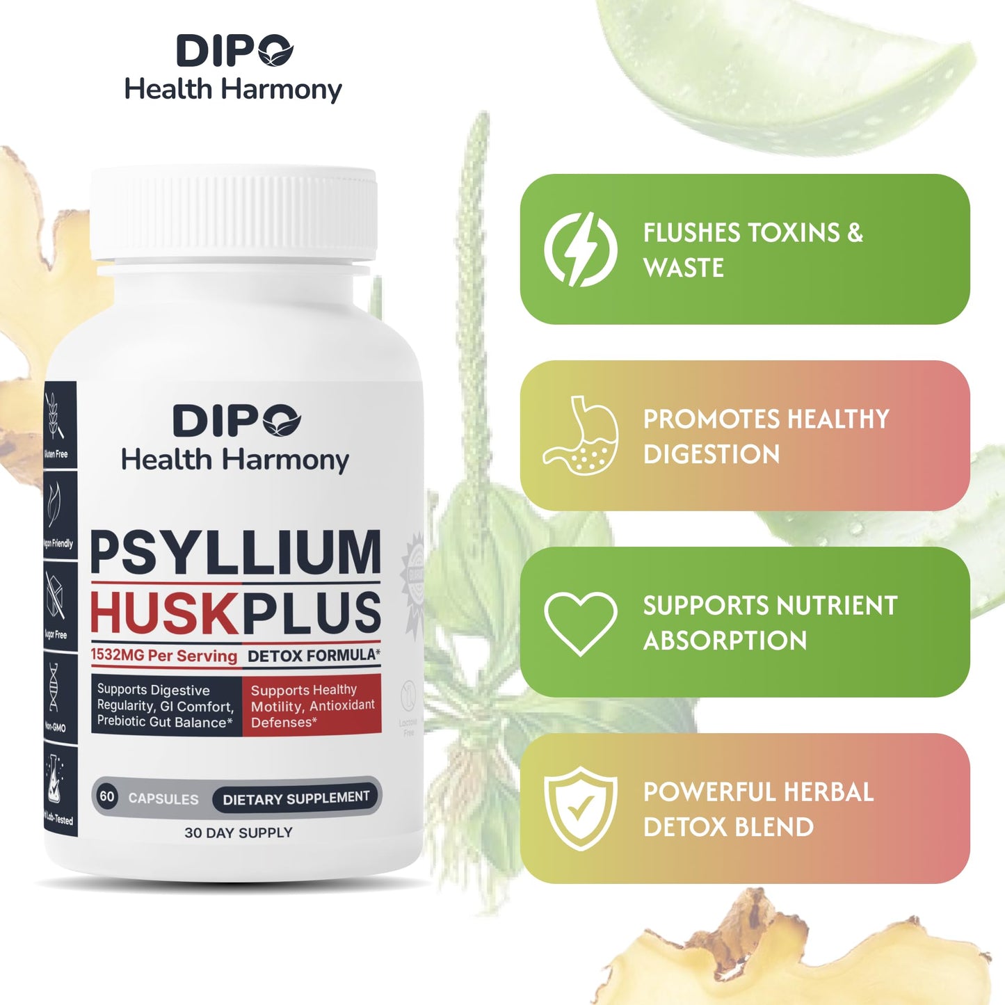 DIPO HEALTH HARMONY Psyllium Husk Capsules 60 Count