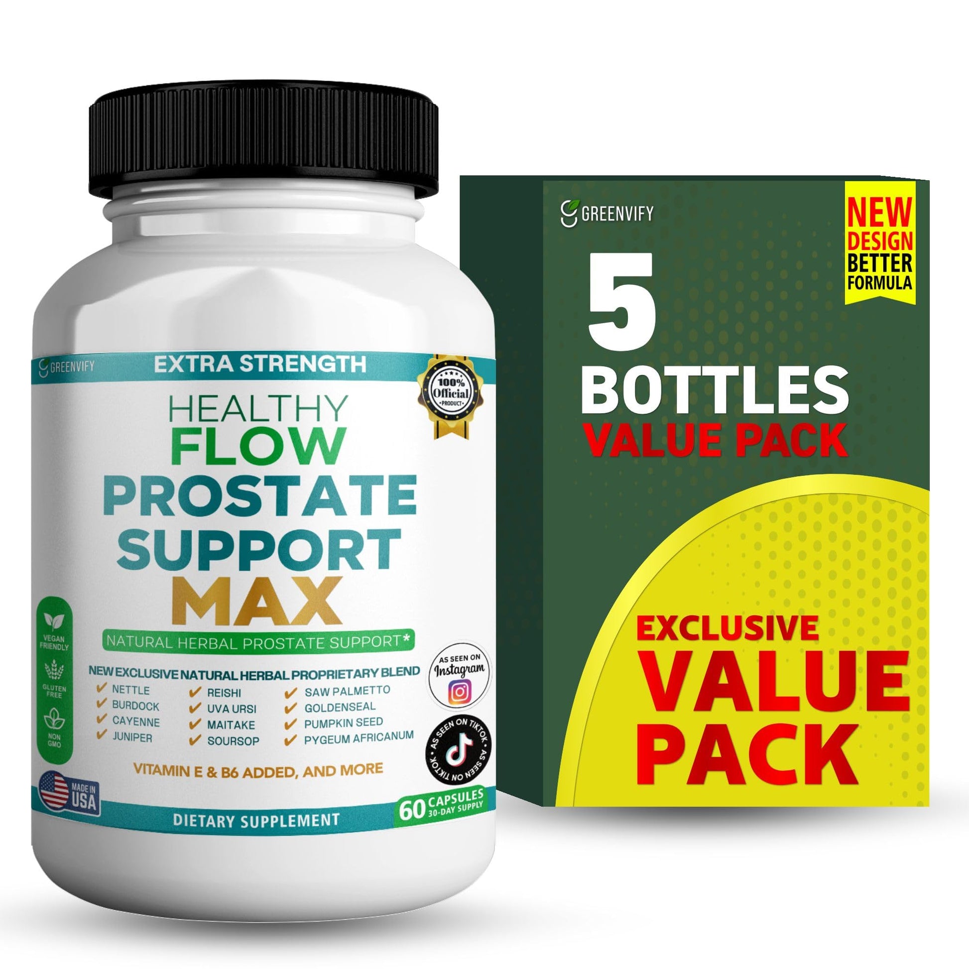 GREENVIFY Extra Strength Healthy Flow Prostate Support Max Natural Herbal Supplement Capsules 60 Count