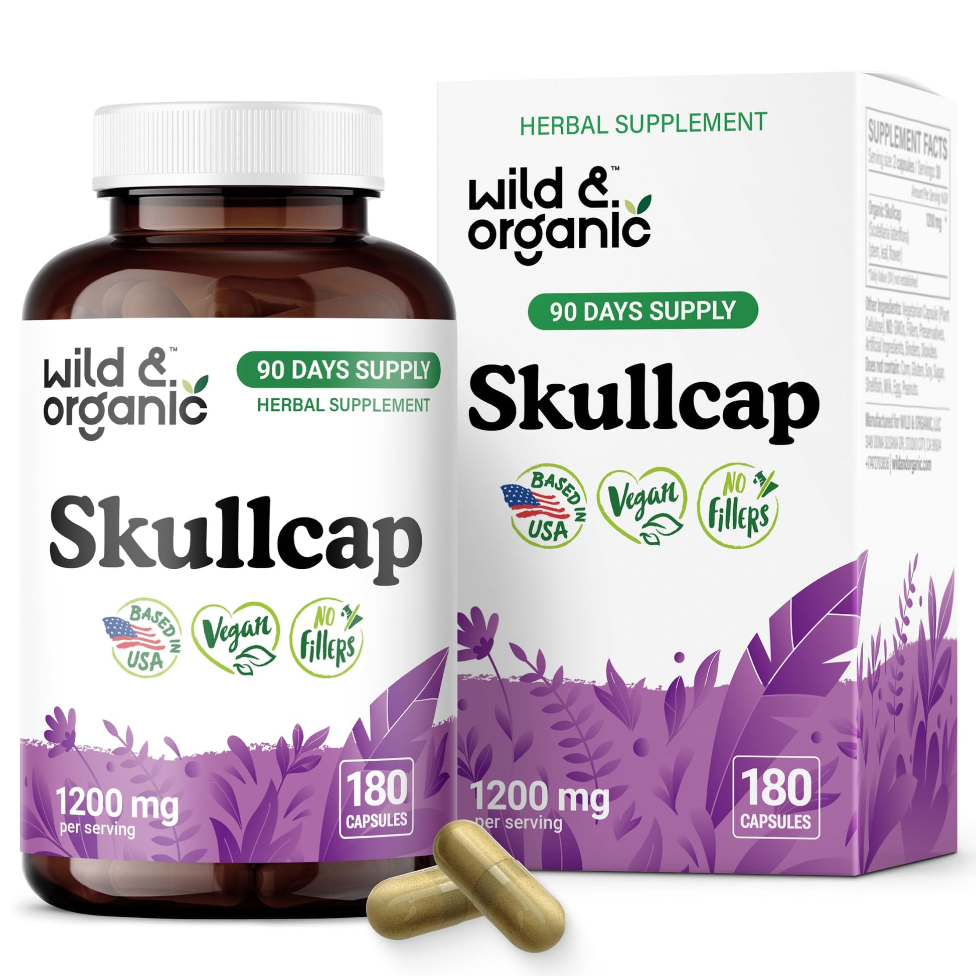 Wild & Organic Skullcap Herb Capsules 1200 mg Calming Skullcap Supplement, Scutellaria Lateriflora Leaf Extract, 180 Capsules