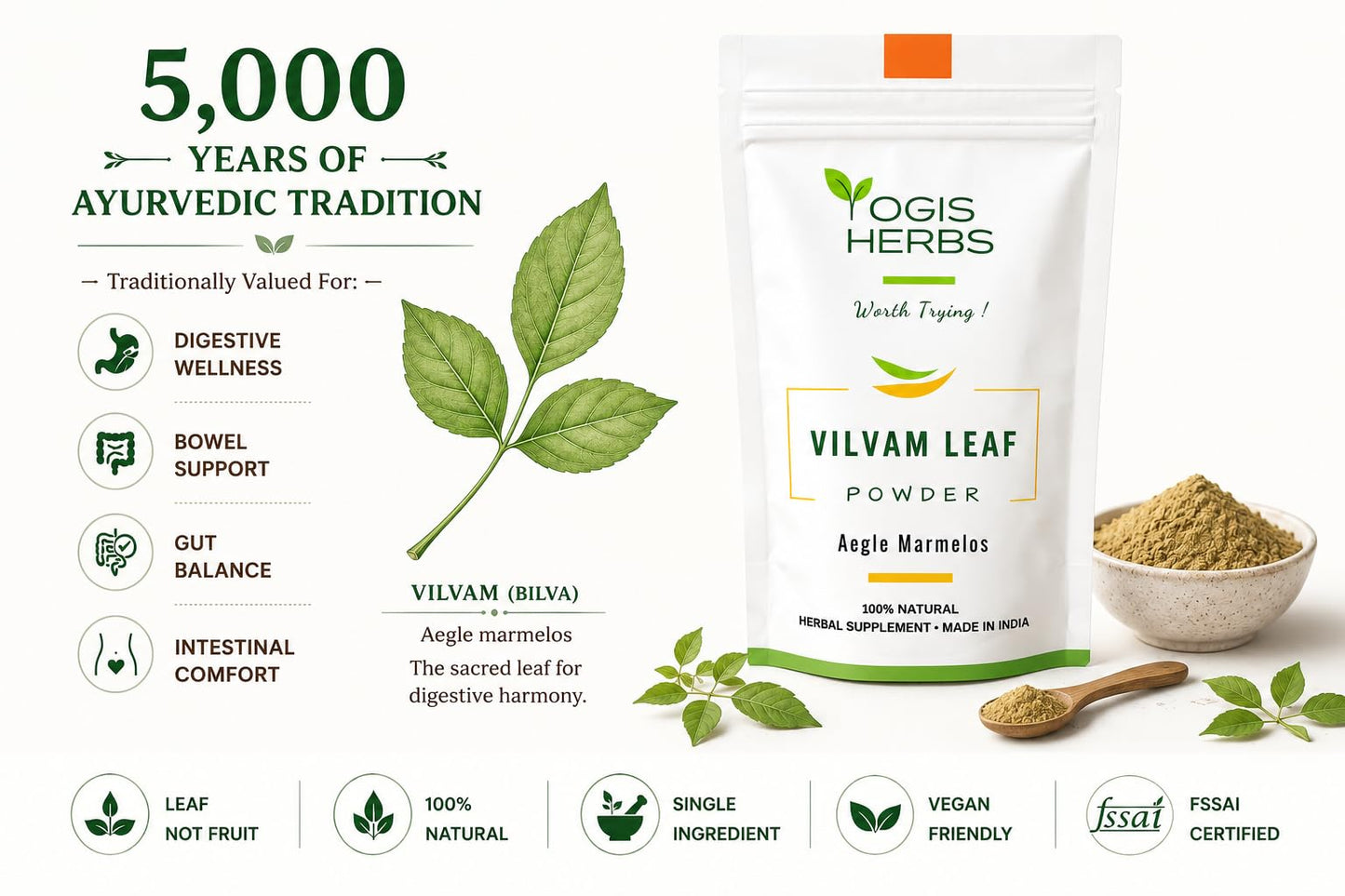 YOGIS HERBS Vilvam Leaf Powder, Bilva (Aegle marmelos/Bael) Powder, 16 oz