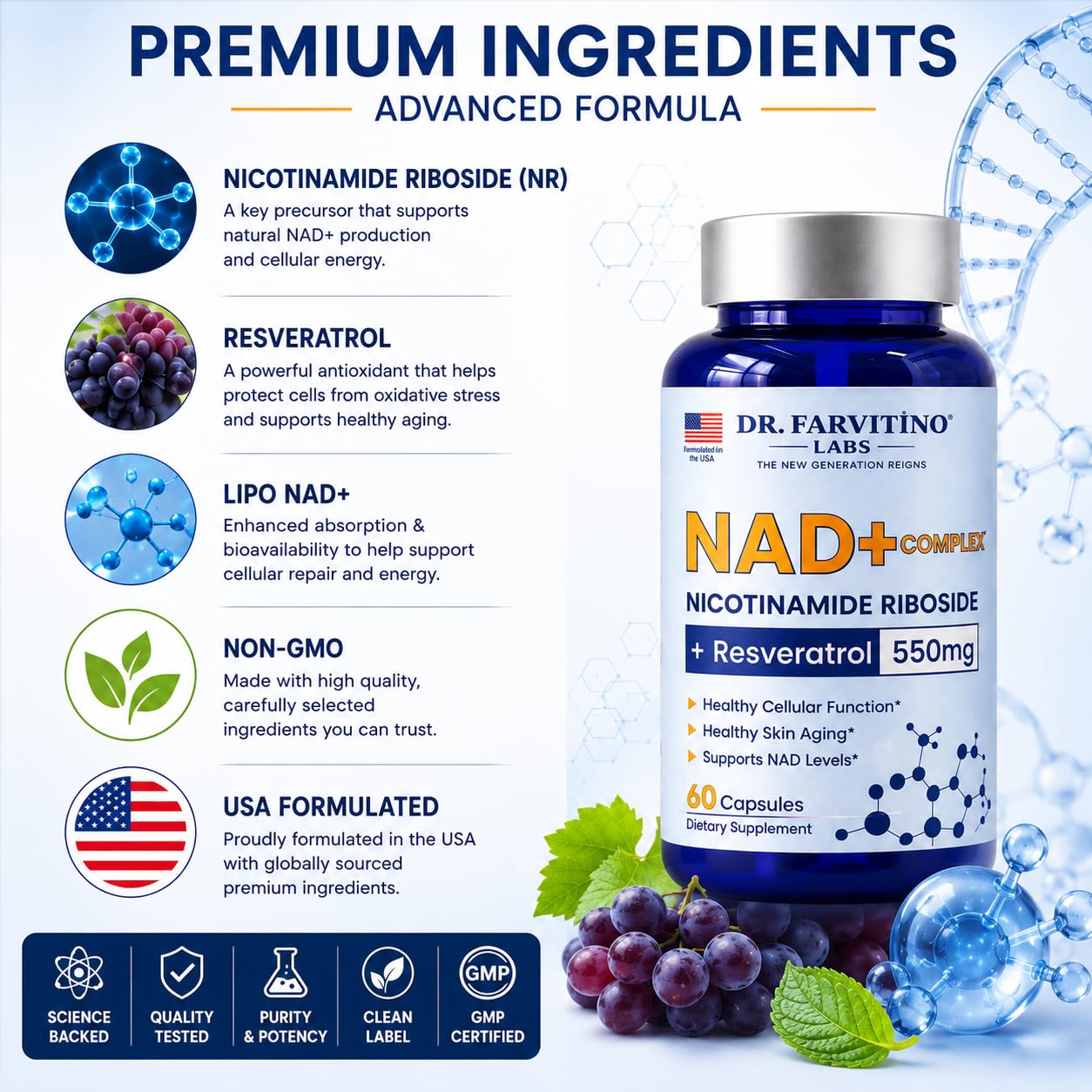 DR. FARVITINO LABS NAD+ Supplement 550mg NextGen Liposomal NAD+ + Trans-Resveratrol 60 Vegan Capsules