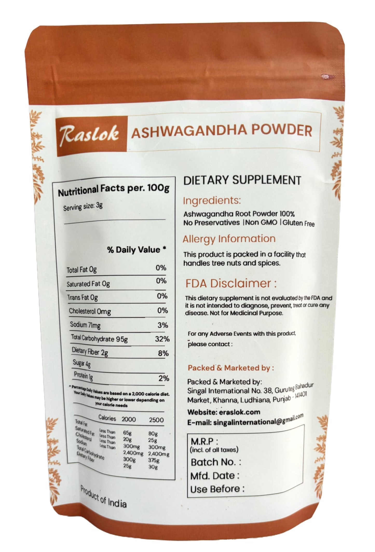 Raslok Ashwagandha Root Powder, 8 Ounce
