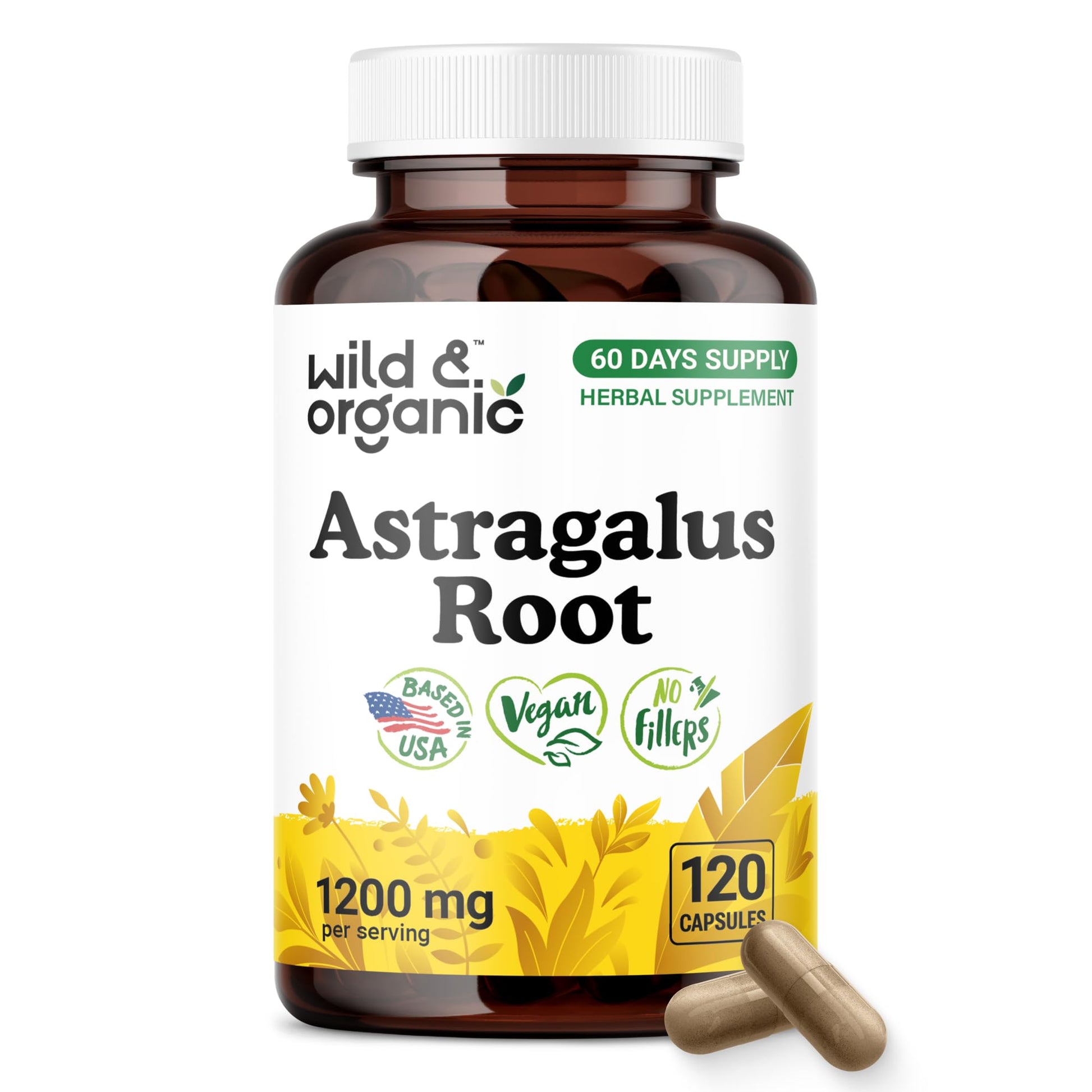 Wild & Organic Astragalus Capsules 1200 mg - Immune Support - Astragalus Root Supplement - 120 Count