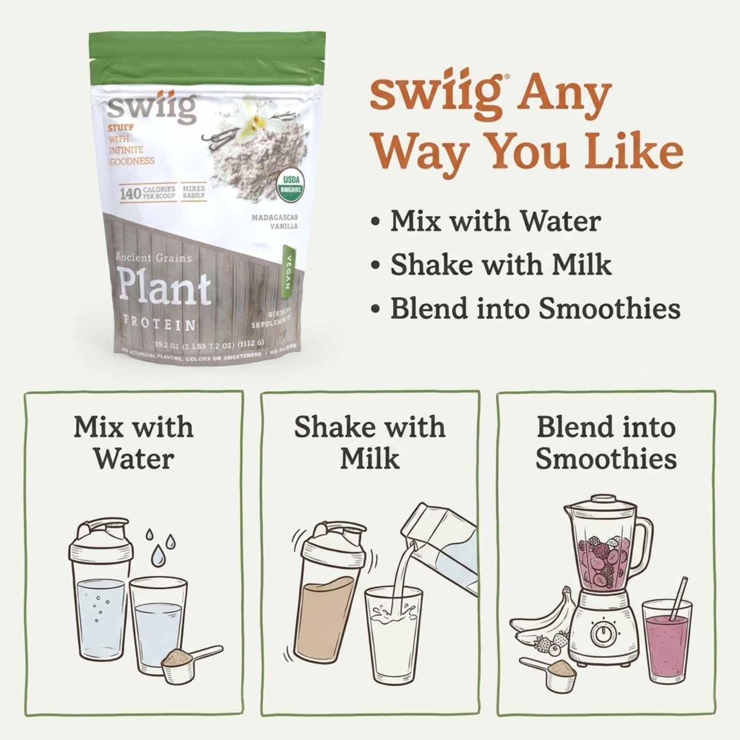 swiig Organic Plant Protein Powder – Vegan Plant Based Protein, Ancient Grains Protein Blend, Vanilla, 2.7 lb