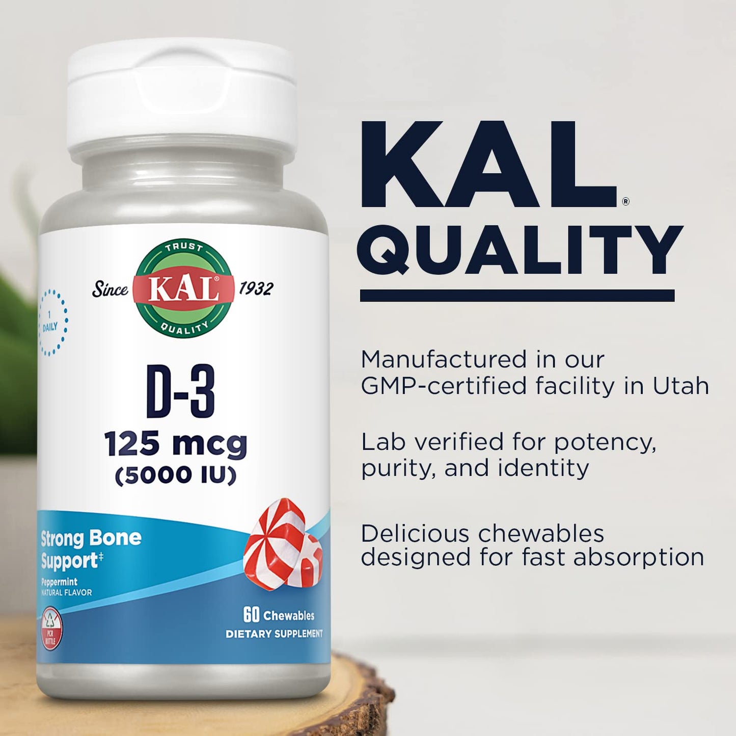 KAL Vitamin D3 5000 IU 125 mcg Chewable Supplement 60 Count