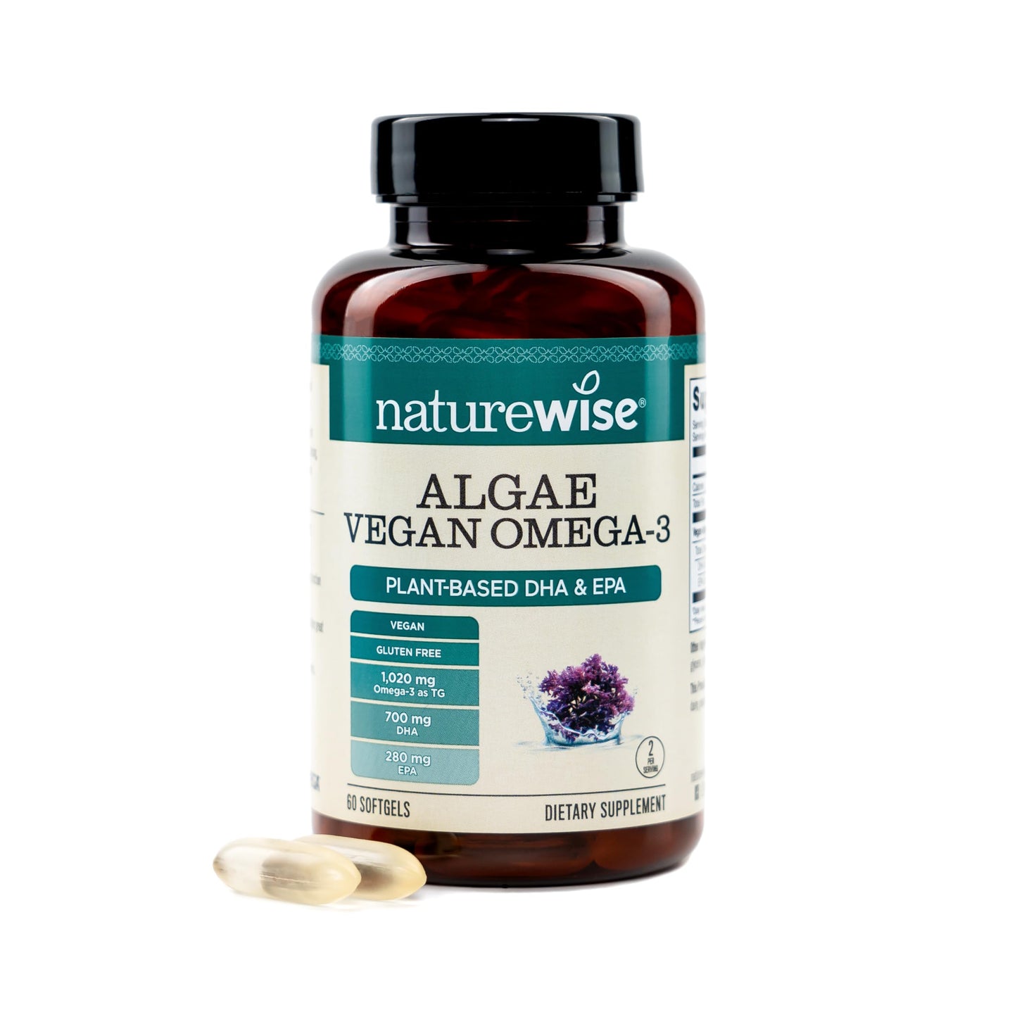 NatureWise Vegan Algae Omega-3-1458mg Algae Oil Softgels, 60 Count