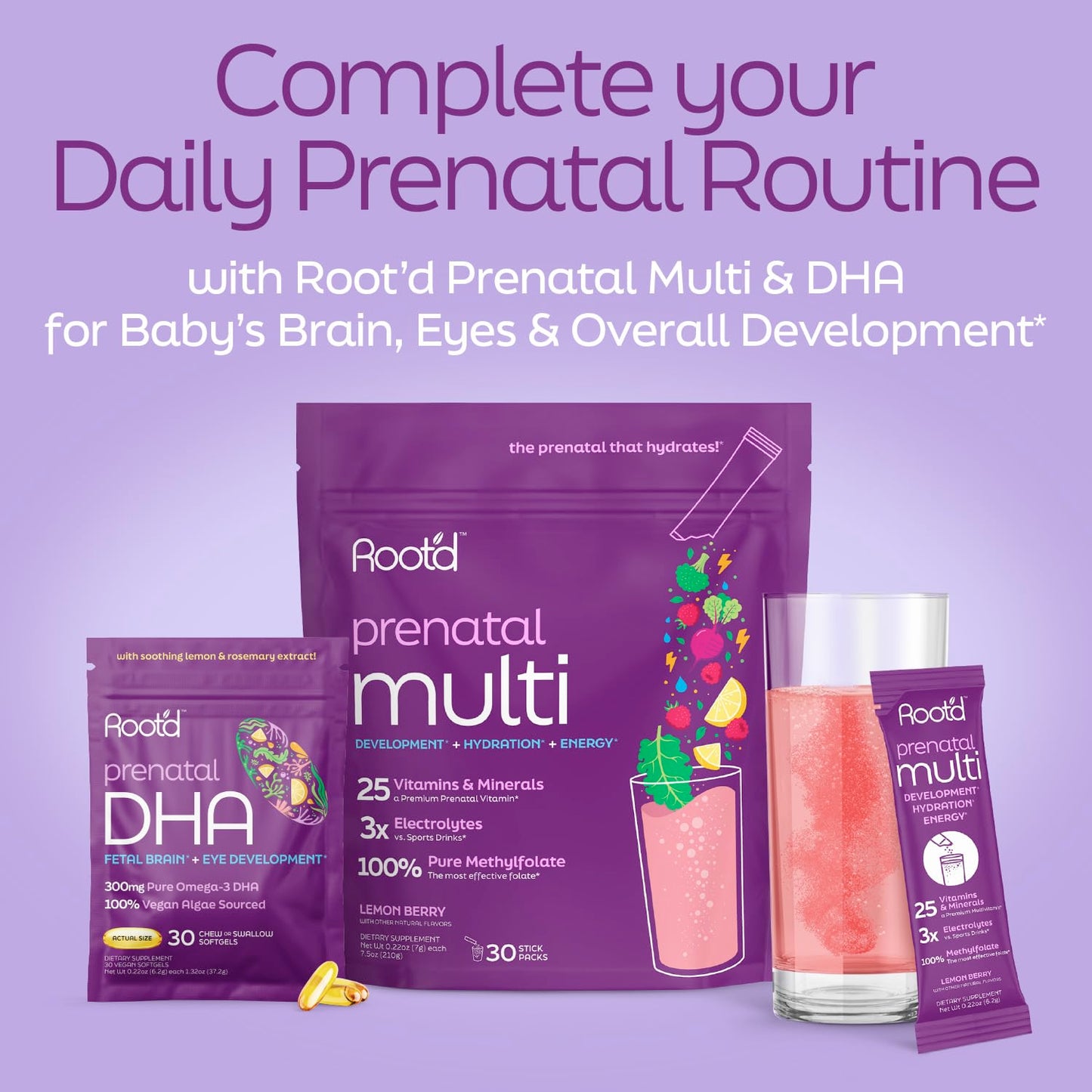 Root'd Prenatal DHA 300mg Pure Vegan Omega-3 DHA from Algal Oil, Plant-Based Prenatal Supplement for Pregnancy, Fetal Brain & Eye Development, Non-GMO, Lemon & Rosemary Flavor, 30 Softgels