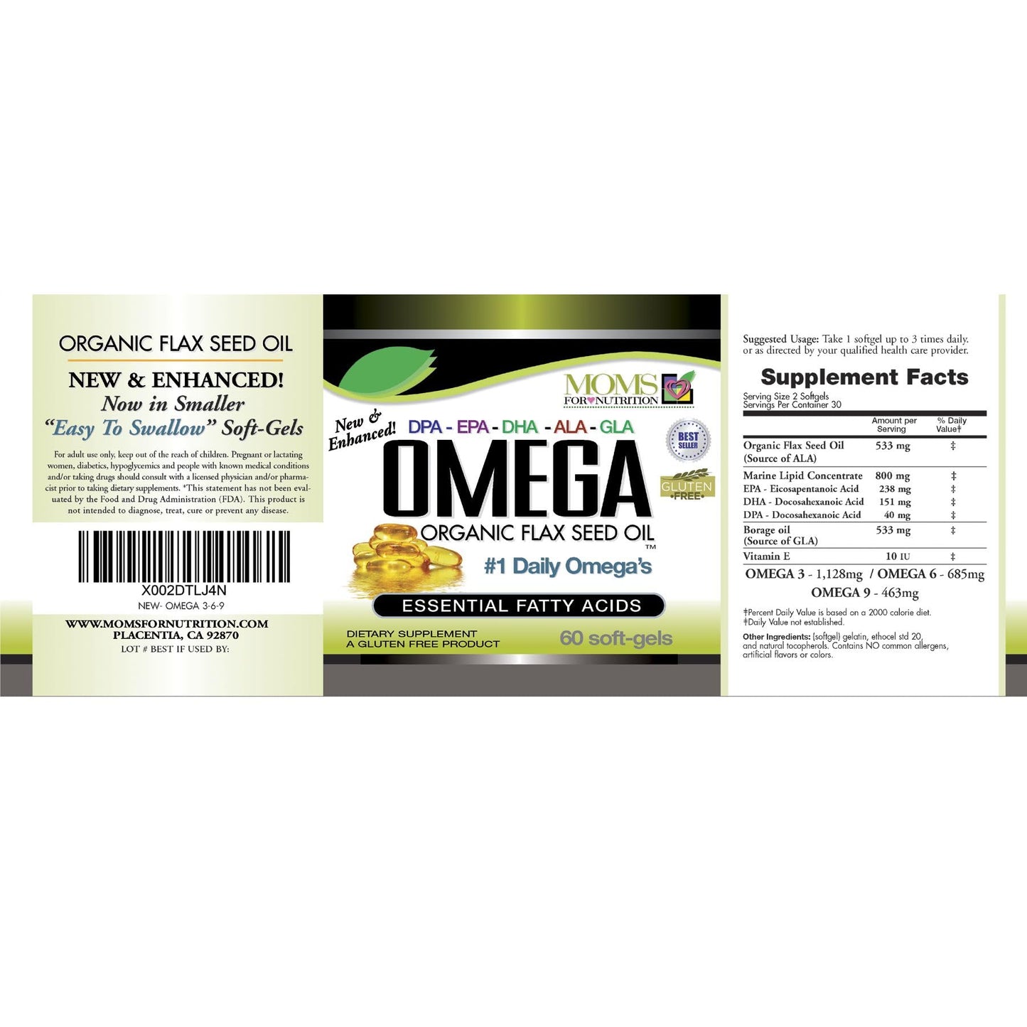 Moms For Nutrition Natural Omega 3-6-9 Blend with DPA, EPA, DHA, ALA and GLA and Organic Flax Seed Oil Plus Wild Caught Natural Fish Oil Over 2,800 mg Strength Gluten Free Made in USA SoftGels, 60 Count