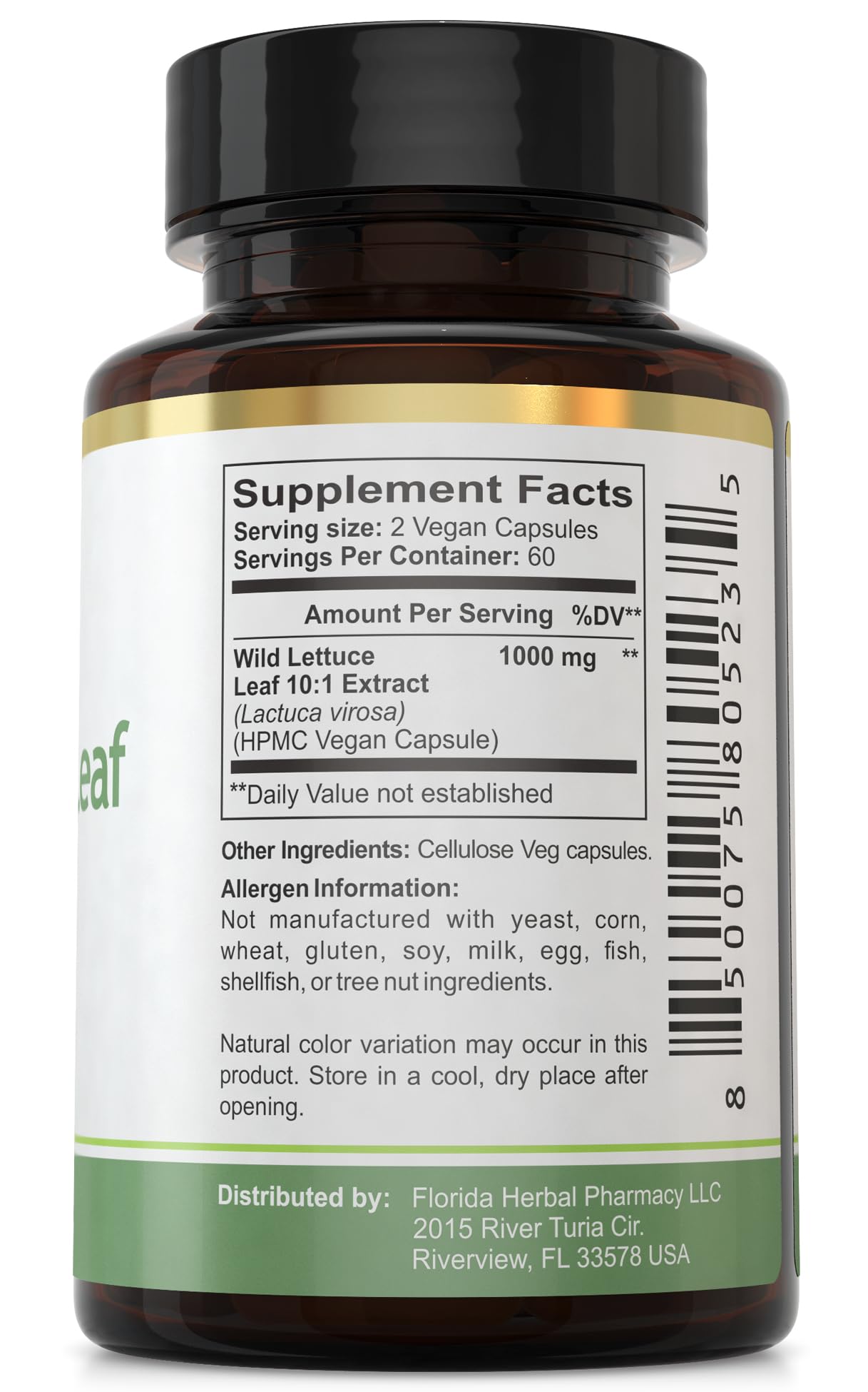 Florida Herbal Pharmacy Wild Lettuce Leaf Extract Supplement Capsules 120 Capsules