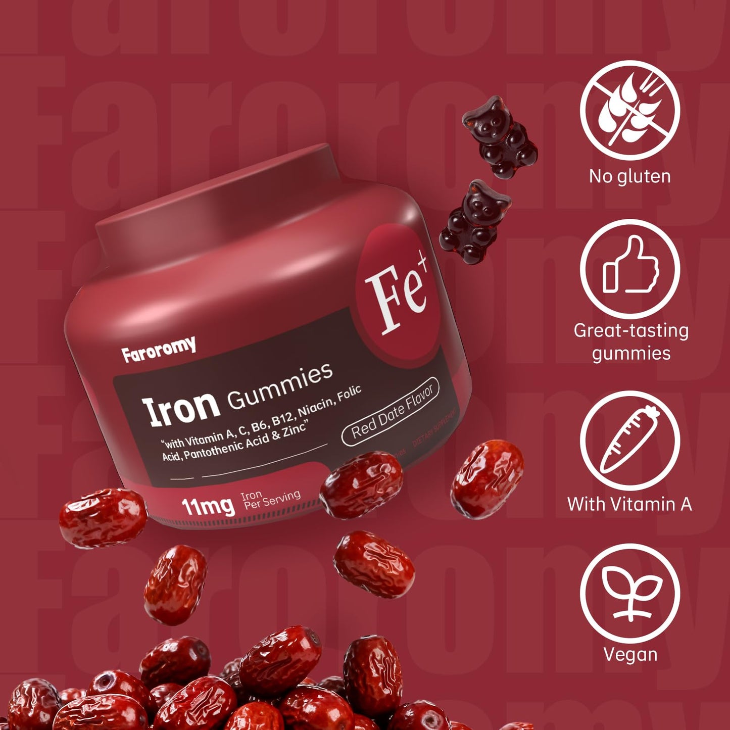 Faroromy Iron & Multivitamin Gummies for Adults & Kids, Folate, Vitamin C, B12, B6 & Zinc - Red Date Flavor, 90 Count