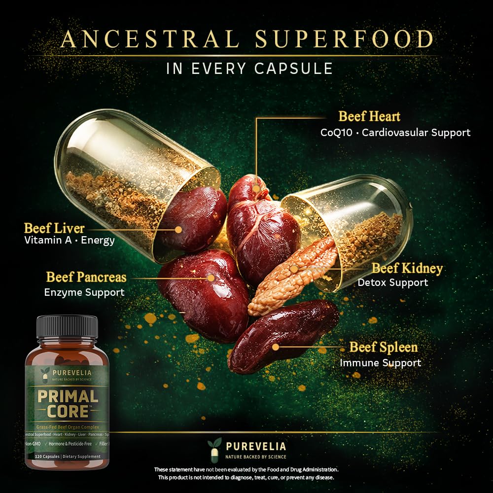 Purevelia Primal Core Grass-Fed Beef Organ Complex Capsules, 120 Count