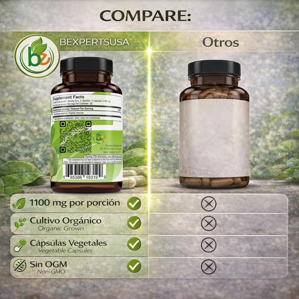 B-Experts Guanabana (Soursop) 1100 mg per Serving Powerful Blend of 100% Natural Premium Ingredients, Vegetable, Organically Grown 90 Tablets