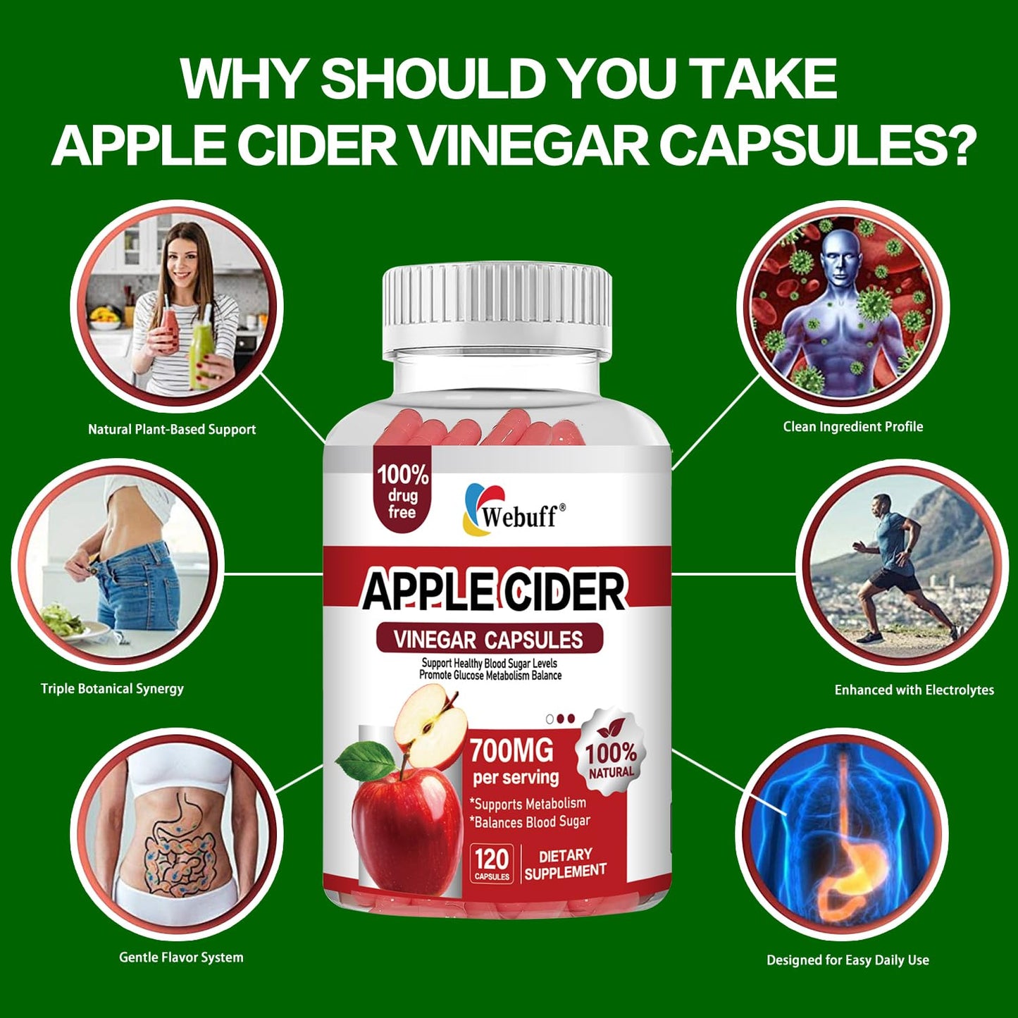 Webuff Apple Cider Vinegar 700mg with Mother Vegan, 240 Capsules