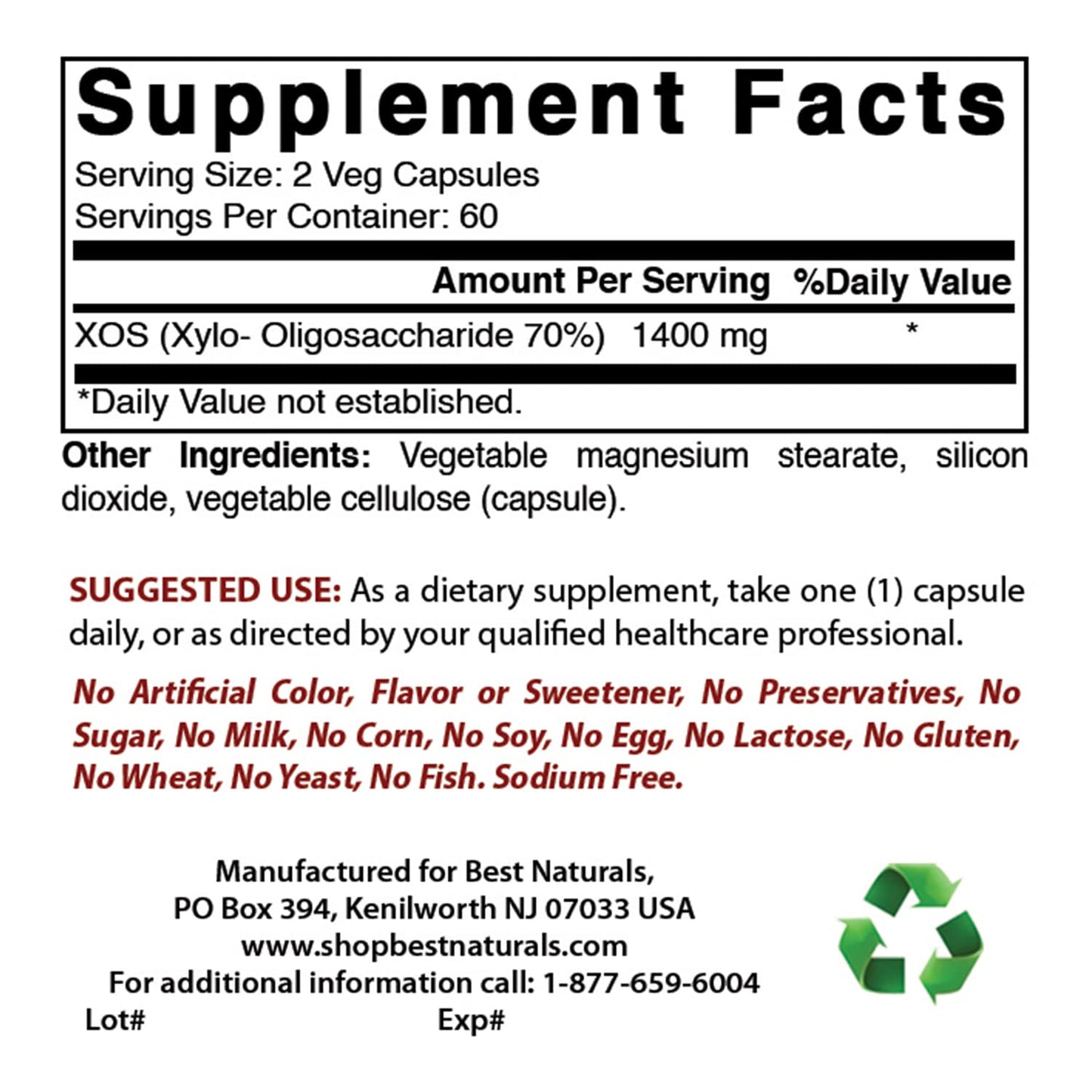 Best Naturals Prebiotics Fiber XOS (Xylo Oligosaccharide) 1400mg Serving 120 Veg Capsules