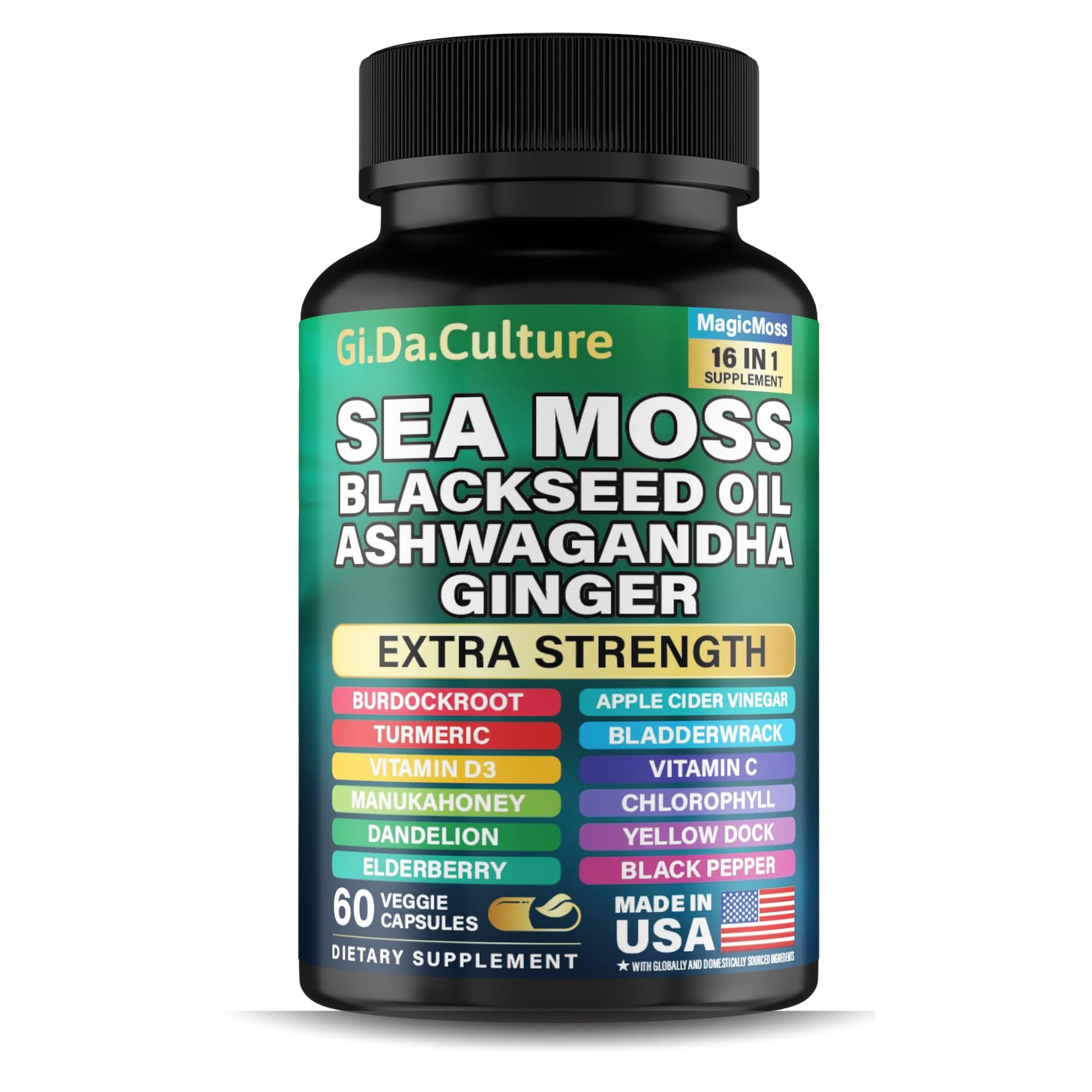 Gi.Da.Culture Organic Sea Moss Capsules - Organic Irish Sea Moss Black Seed Oil Ashwagandha Ginger Burdock Root Bladderwrack Turmeric Black Pepper Vitamin C, D3, 60 Veggie Capsules