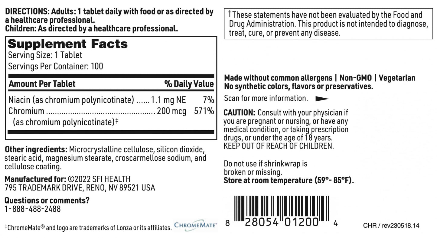 SFI Health Chromemate Chromium Polynicotinate 200mcg Tablets, 100 Count