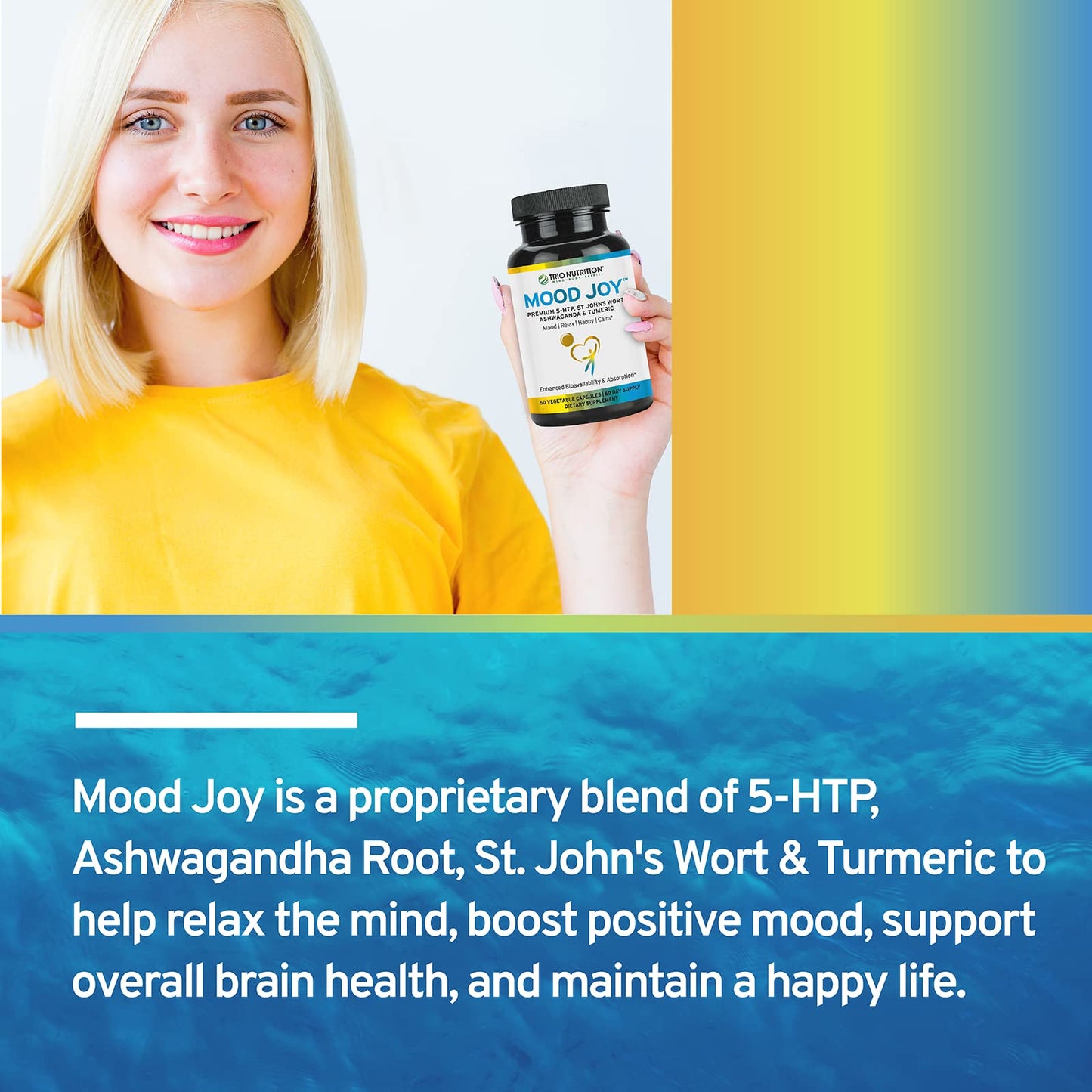 TRIO NUTRITION Mood Joy Turmeric & Ashwagandha Supplement with 5-HTP 60 Capsules