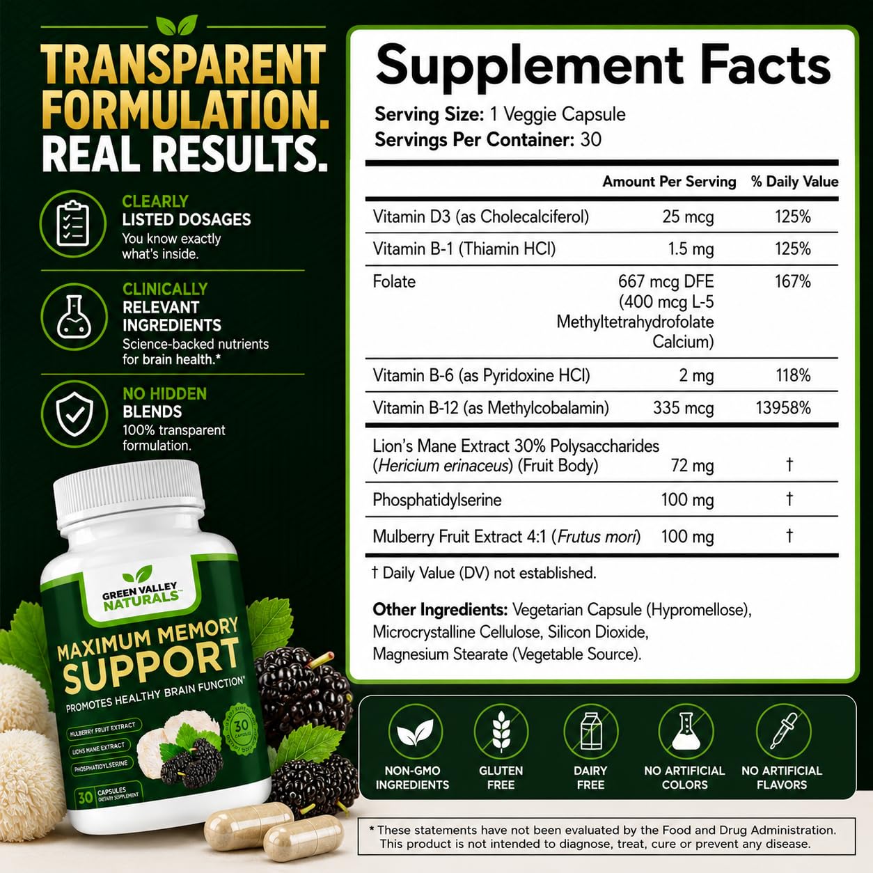 Green Valley Naturals Maximum Memory Support Cognitive Formula with Lion’s Mane, Mulberry, Phosphatidylserine & Methylated B-Vitamins Brain Health & Focus, 30 Capsules