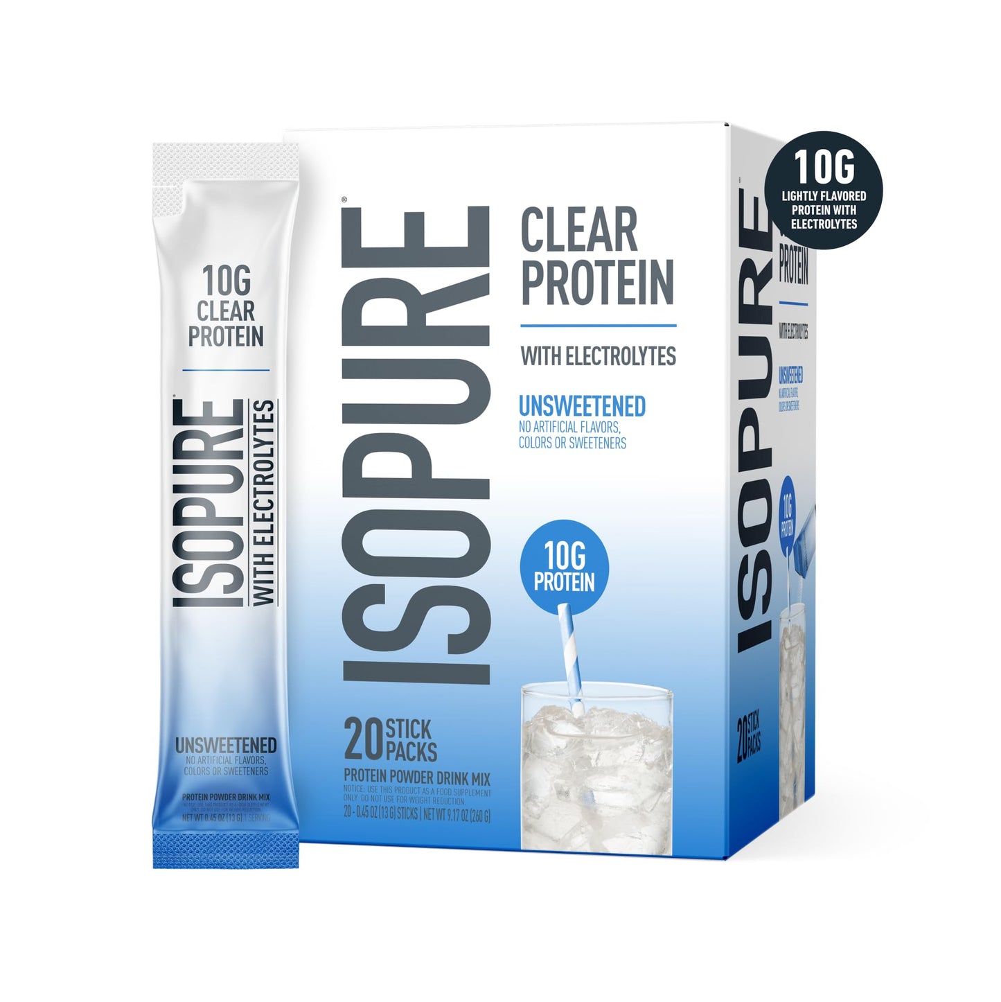 Isopure Clear Protein Stick Pack, Unflavored, 20 Count (Pack of 1)