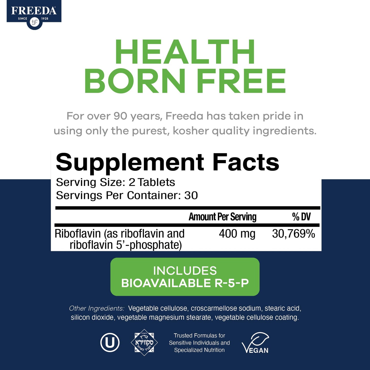 FREEDA Vitamin B2 400mg Riboflavin Supplement 60 Tablets