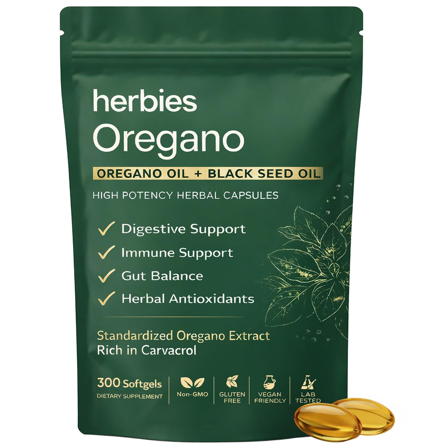 HERBIES OREGANO Organics Oregano and Black Seed Oil Capsules Softgels 300