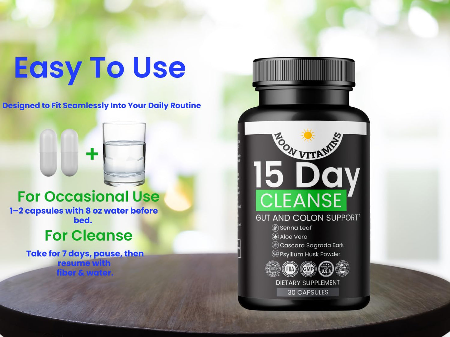 NOON VITAMINS 15-Day Colon Cleanse & Gut Detox – Natural Probiotic Cleanser with Senna Leaf, Psyllium & Aloe – Halal for Men & Women – Supports Digestive Health, Regularity & Bloating Relief – Capsules, 30 Count