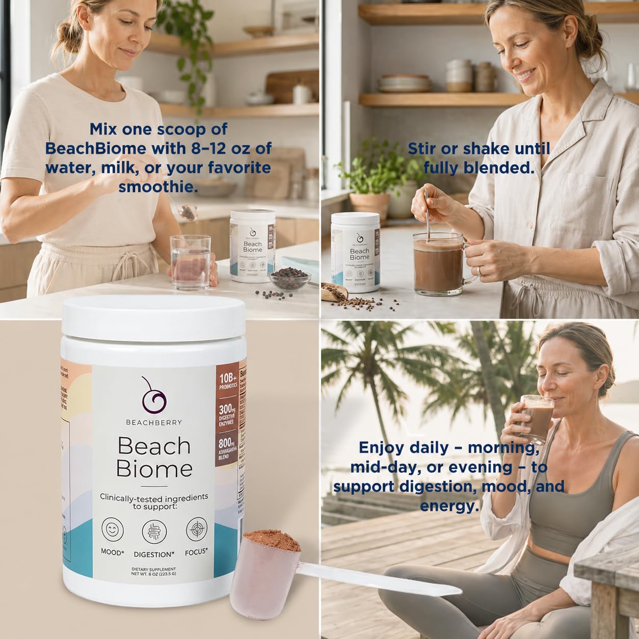 Beachberry BeachBiome Gut Health & Brain Support Daily Powder – Digestive & Cognitive Balance, 30 Servings