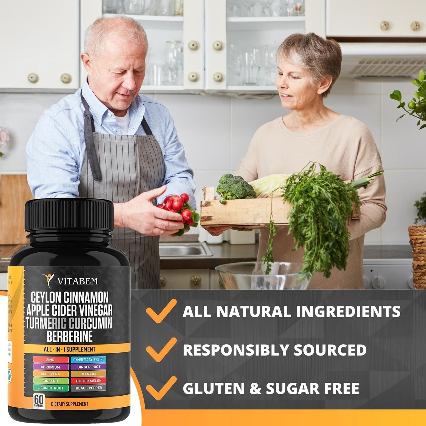 Vitabem Ceylon Cinnamon Capsules with Turmeric 3000 mg, Apple Cider Vinegar 3000 mg, Ginseng 2000 mg, Aloe Vera 2000 mg, Berberine 1200 mg + Banaba, Bitter Melon, Gymnema, Ginger Root – 60 Count