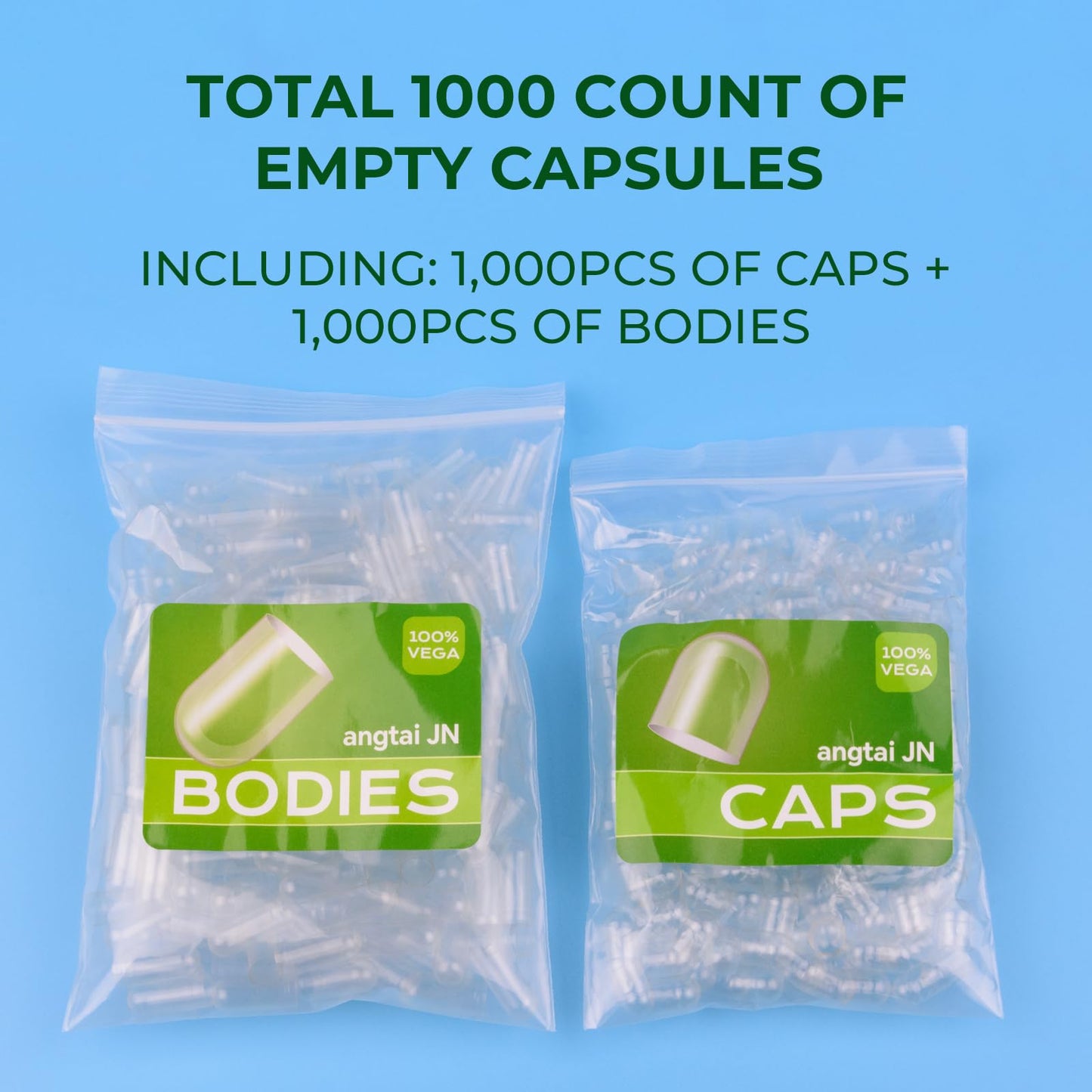 Angtai JN Empty Capsules Size 00 Separated Vegan Pill Caps Plant Based Clear, 1000 Count