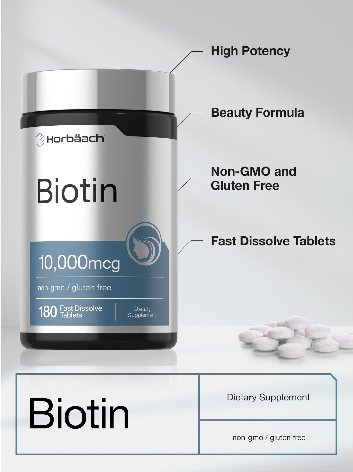 Horbäach Biotin 10000mcg Fast Dissolve Tablets 180 Count