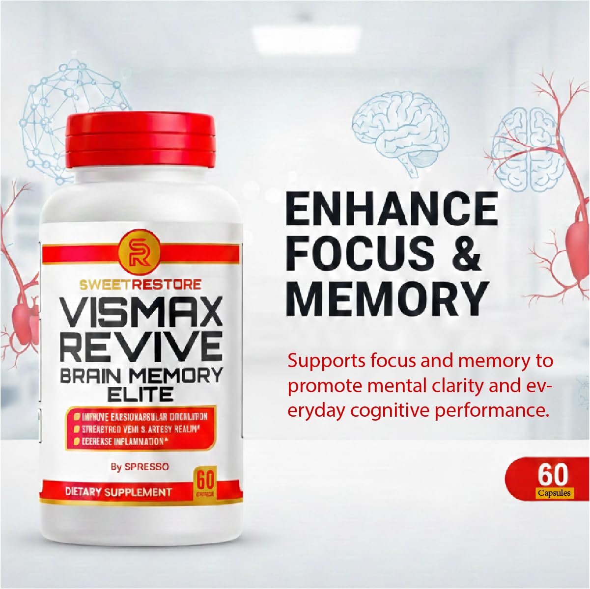 SPRESSO Vismax Revive Brain & Memory Support Supplement Capsules, 180 Capsules