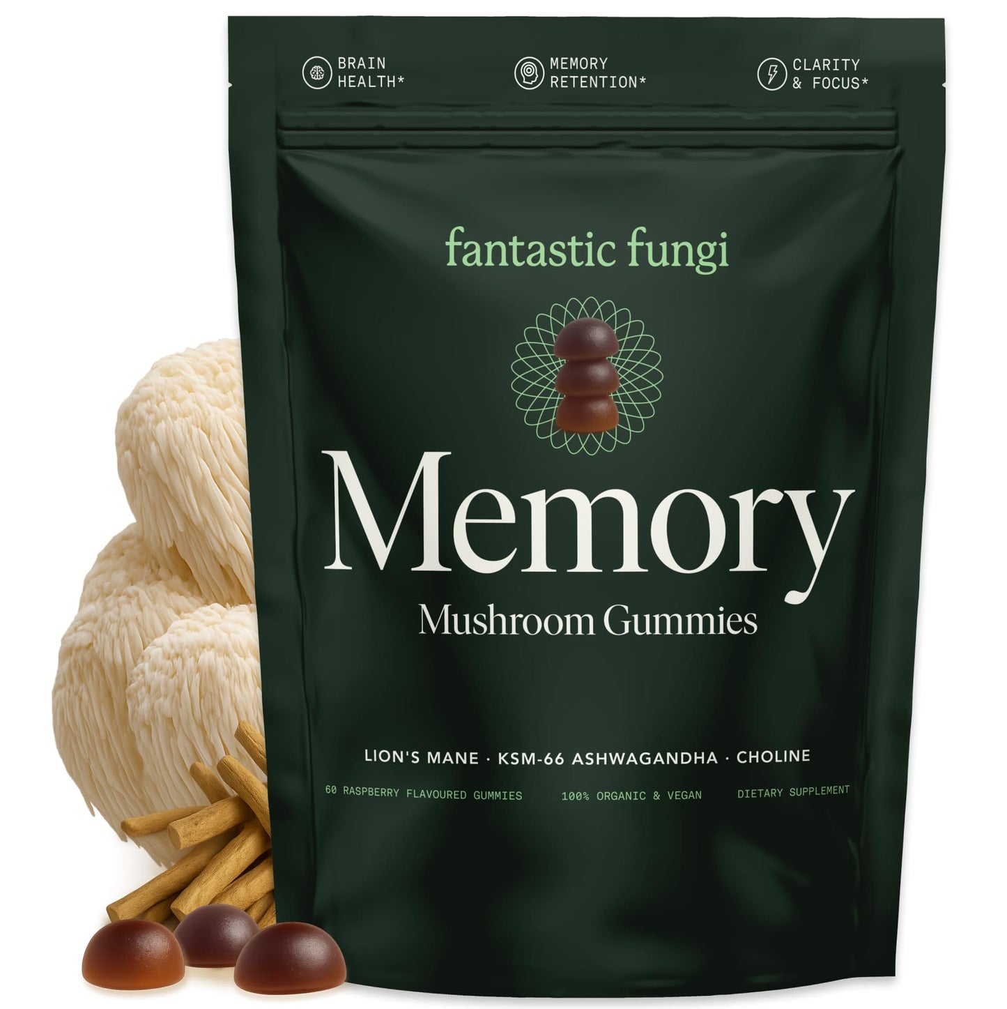 Fantastic Fungi Organic Mushroom Gummies for Focus & Memory, Lions Mane, Choline & Ashwagandha Gummies for Adults, 60 Gummies