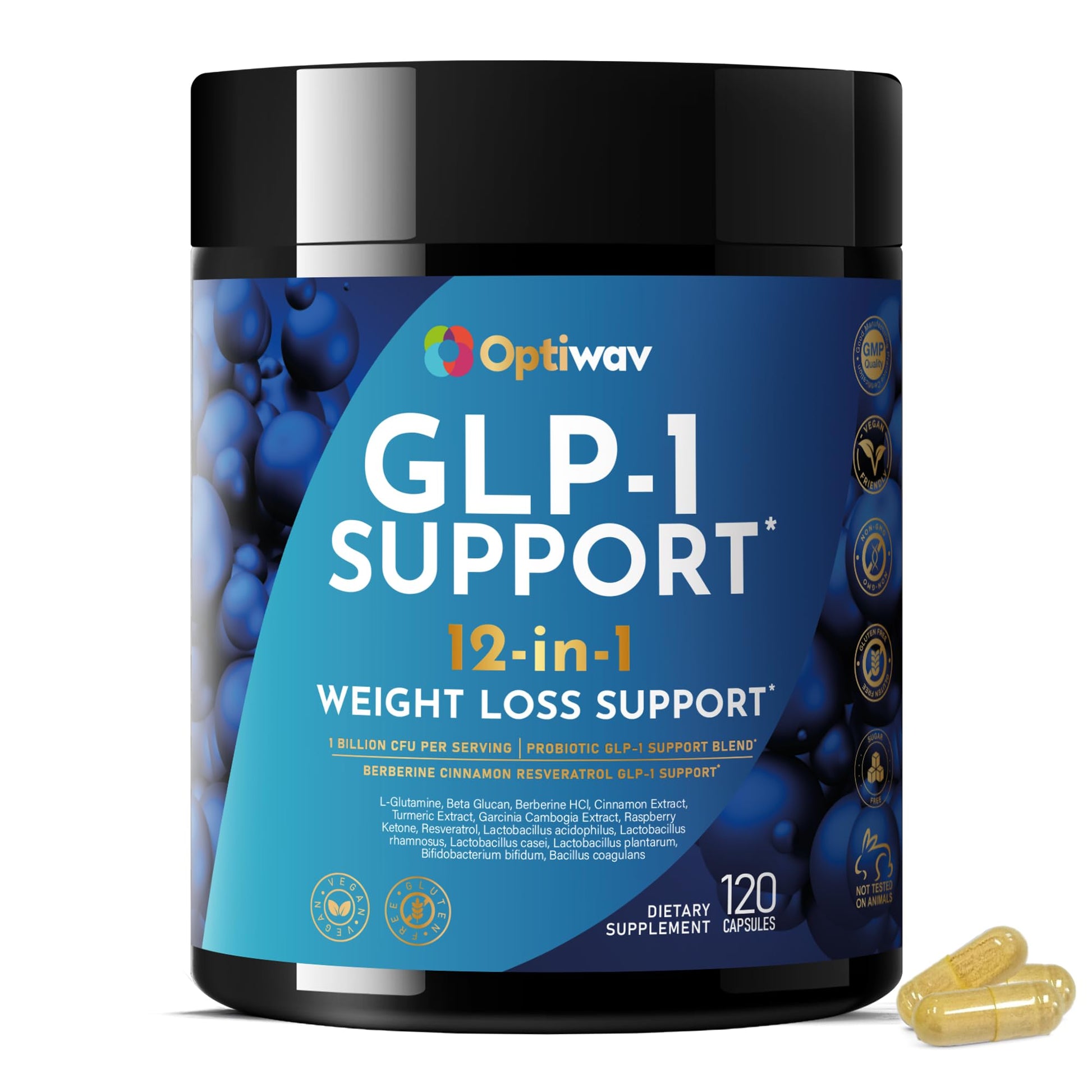 Optiwav GLP-1 Support Probiotic Weight Loss Supplement with Berberine Capsules 120 Count