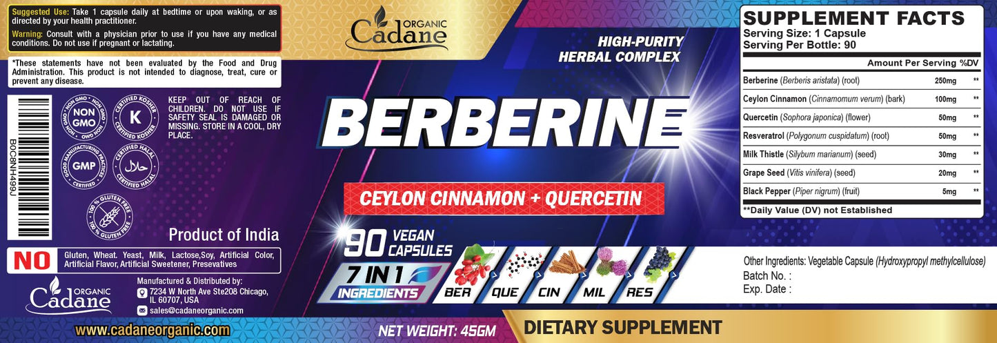 Organic Cadane Berberine Supplement with Ceylon Cinnamon, Quercetin, Black Pepper & More Capsule, 90 Count
