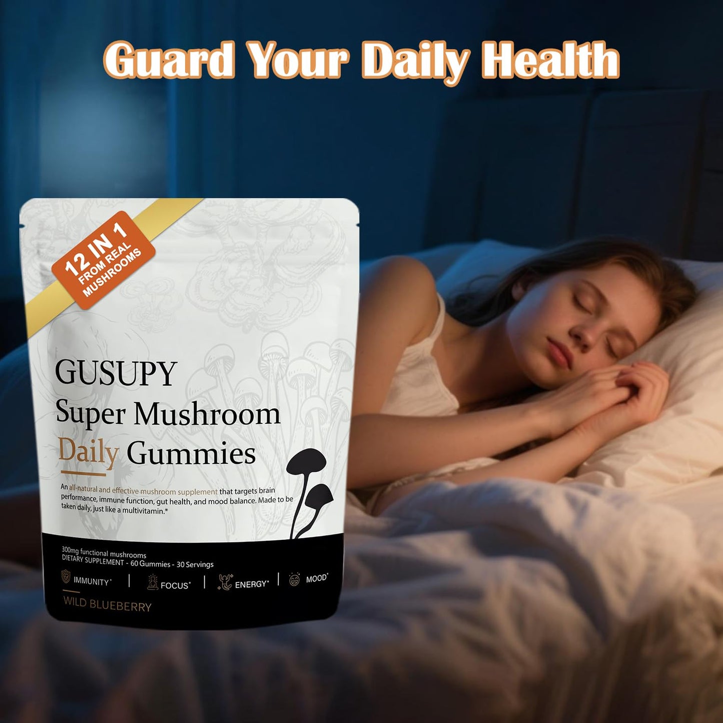 GUSUPY Lions Mane Mushroom Supplement Gummies, 60 Gummies