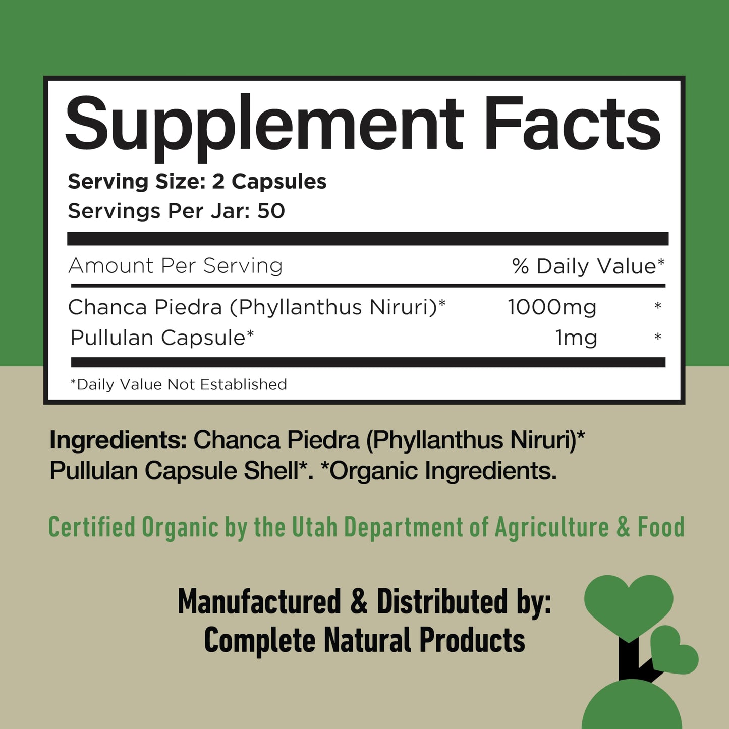 Complete Natural Products Chanca Piedra Organic Capsules 500mg - Phyllanthus Niruri Stonebreaker Extract, Kidney Gallbladder Liver Support, 100 Capsules