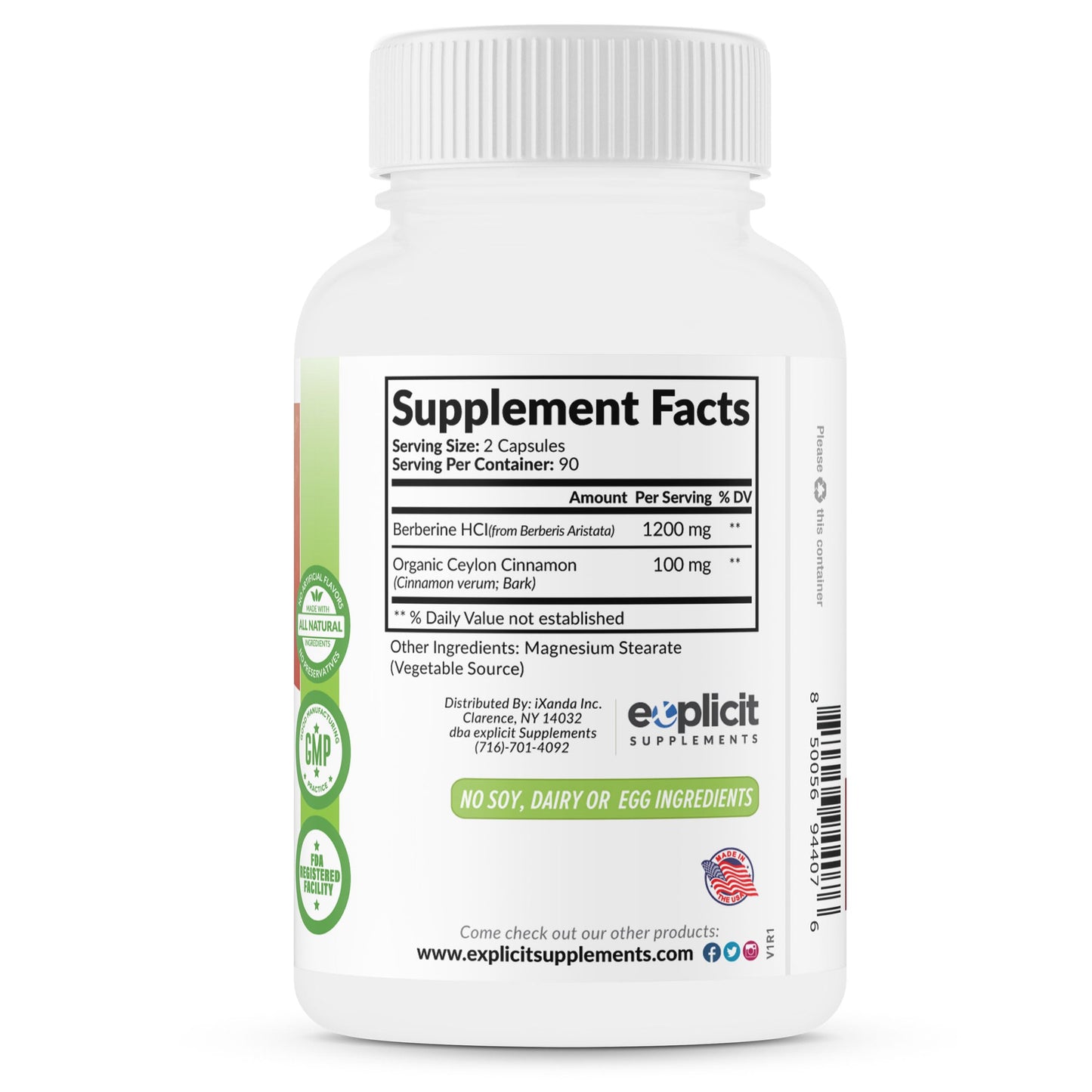eXplicit Supplements Berberine & Ceylon Cinnamon Supplement Capsules, 180 Capsules