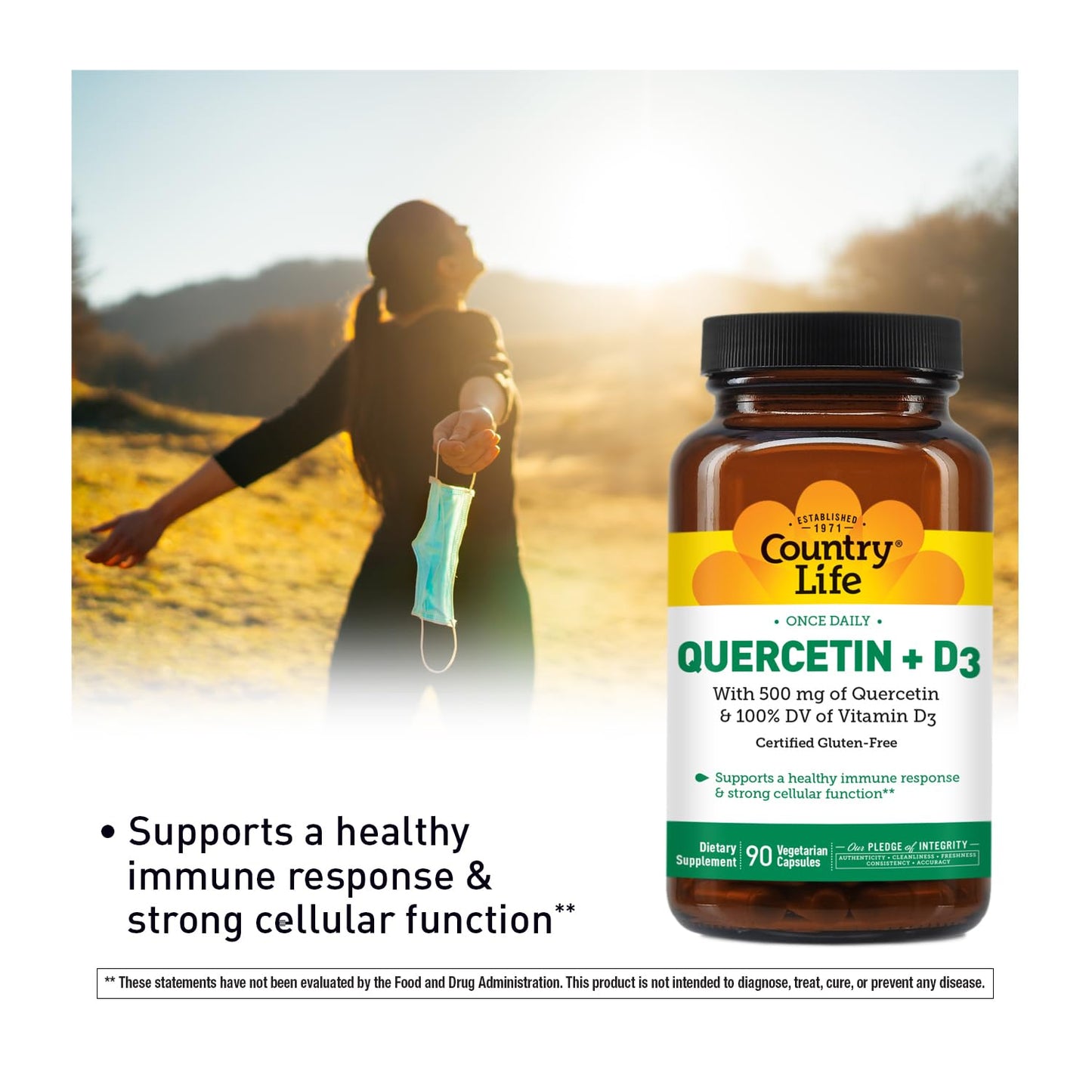 Country Life Quercetin 500mg with Vitamin D3 800 IU Capsules, Immune Support, 90 Capsules
