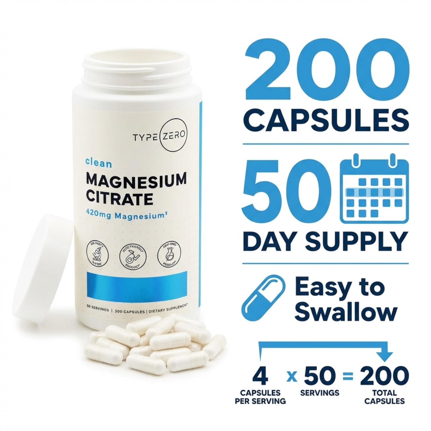 Type Zero Clean Magnesium Citrate Capsules, 200 Count