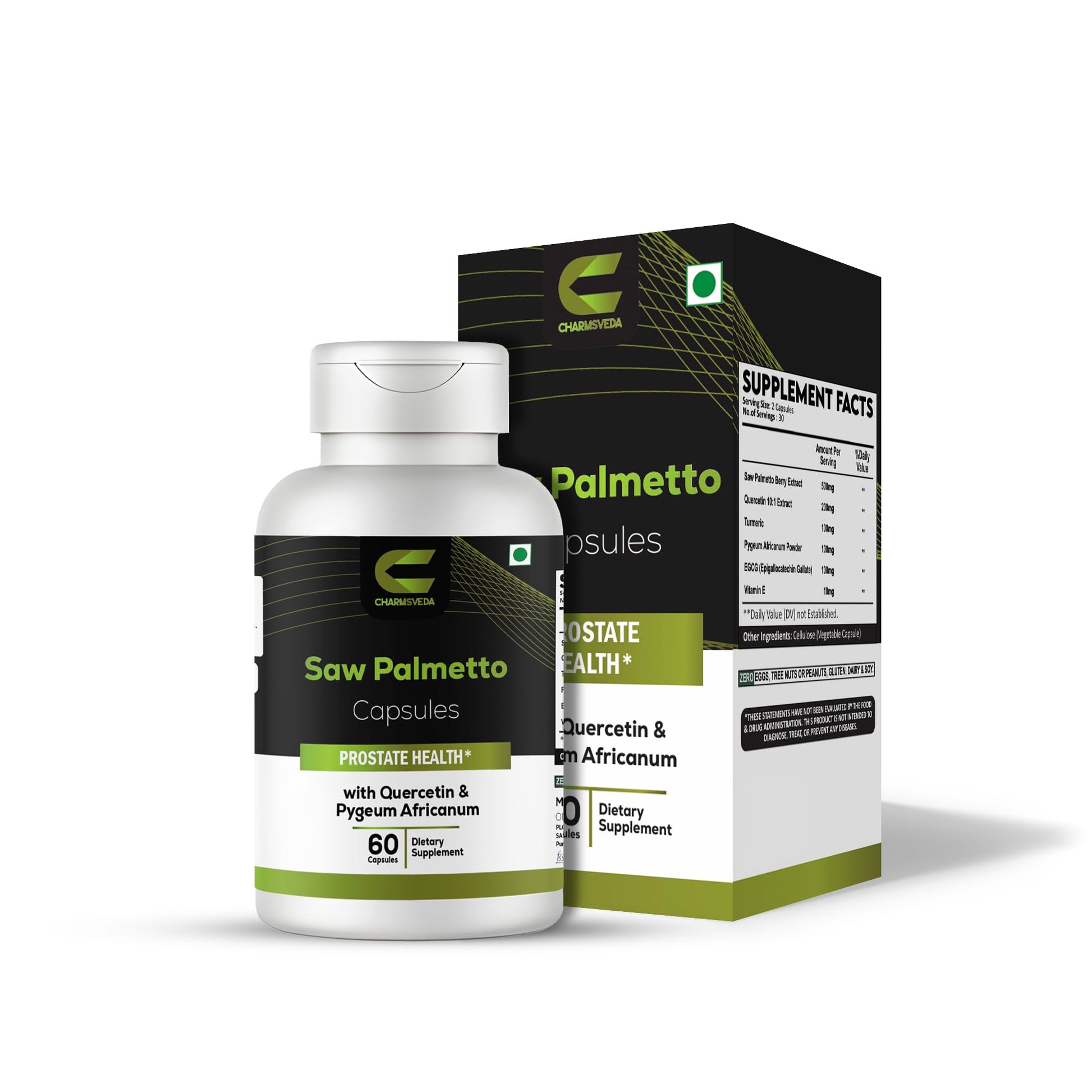 CHARMSVEDA Saw Palmetto Capsules with Quercetin, Pygeum & Turmeric – Heart Health, Overall Wellness & Immune Support, 60 Vegan Capsules