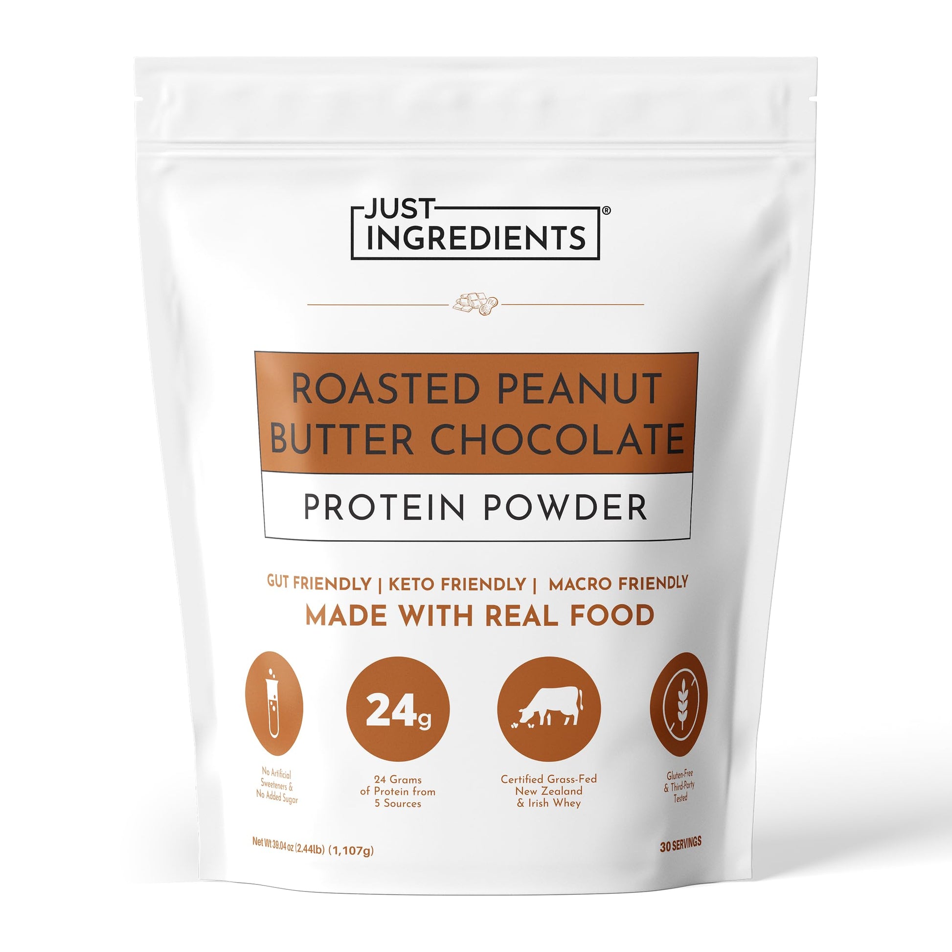 JUST INGREDIENTS Roasted Peanut Butter Chocolate Protein Powder, 30 Servings